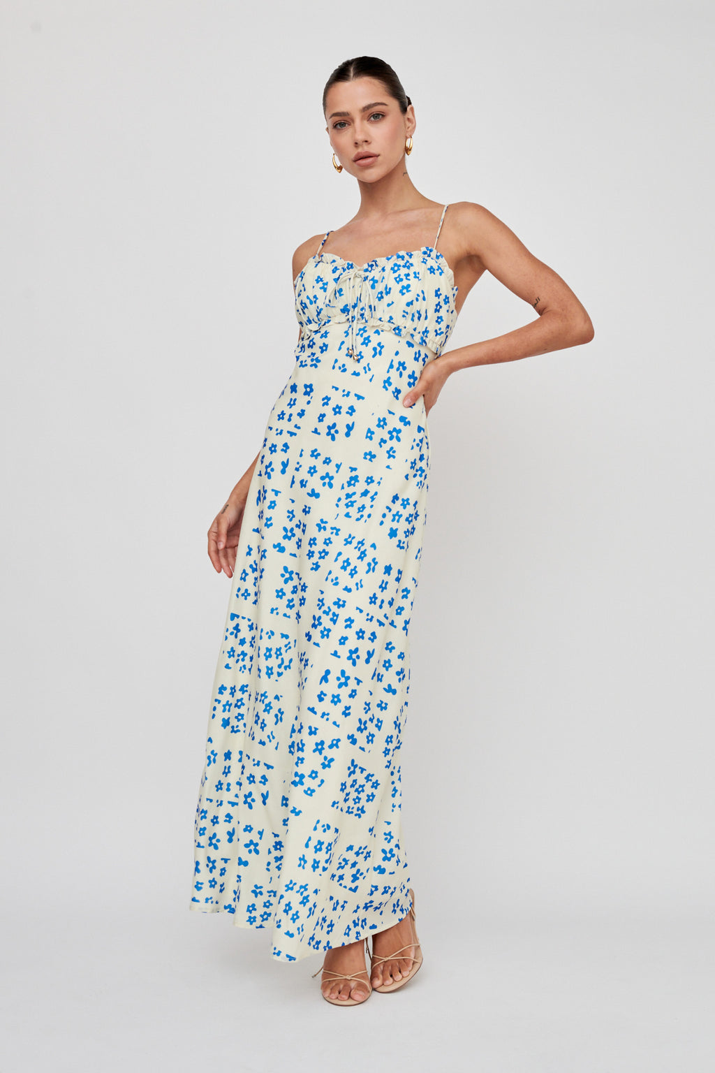 Anja Frill Trim Maxi Dress Print Cream Blue by Selfie Leslie