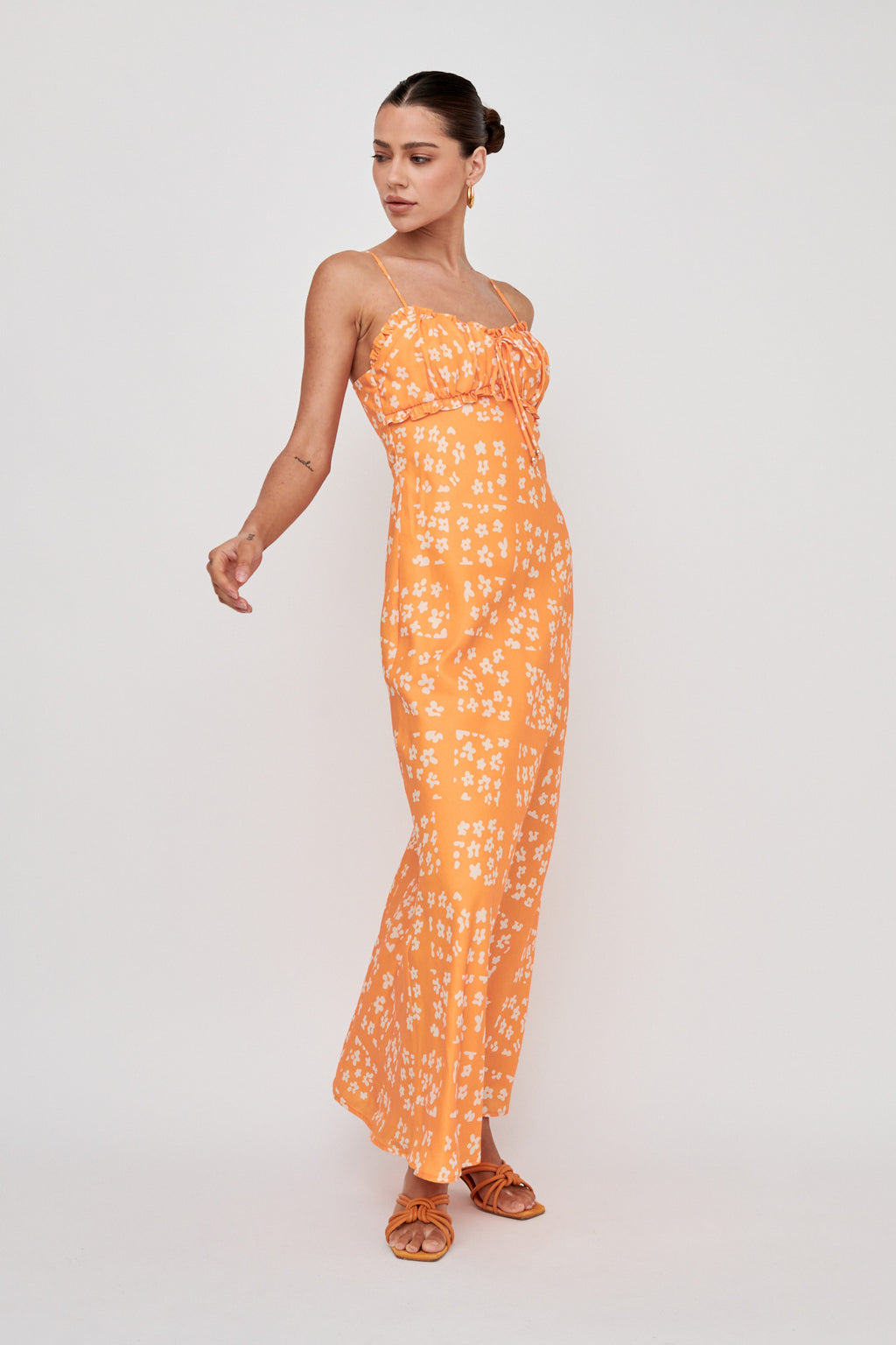 Anja Frill Trim Maxi Dress Print Orange White by Selfie Leslie