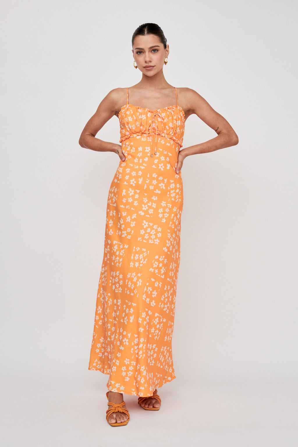 Anja Frill Trim Maxi Dress Print Orange White by Selfie Leslie