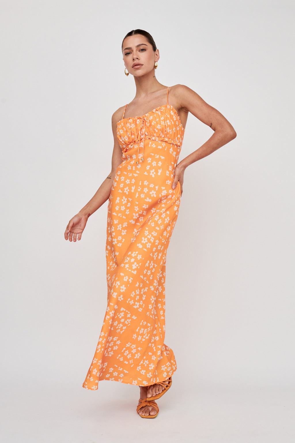 Anja Frill Trim Maxi Dress Print Orange White by Selfie Leslie