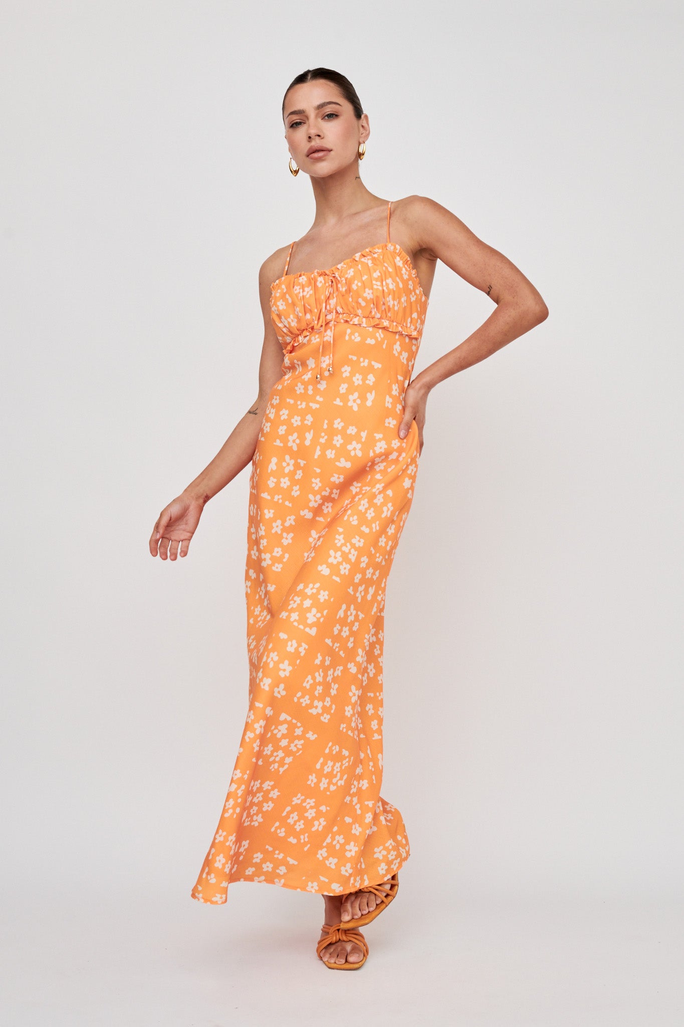 Anja Frill Trim Maxi Dress Print Orange White by Selfie Leslie