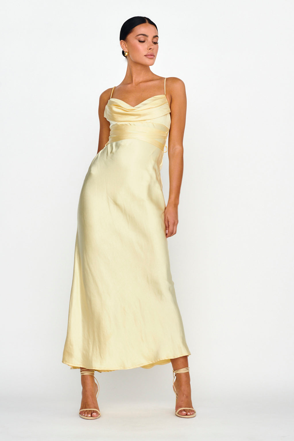 Starring Role Cowl Bust Waist Tie Dress Butter by Selfie Leslie