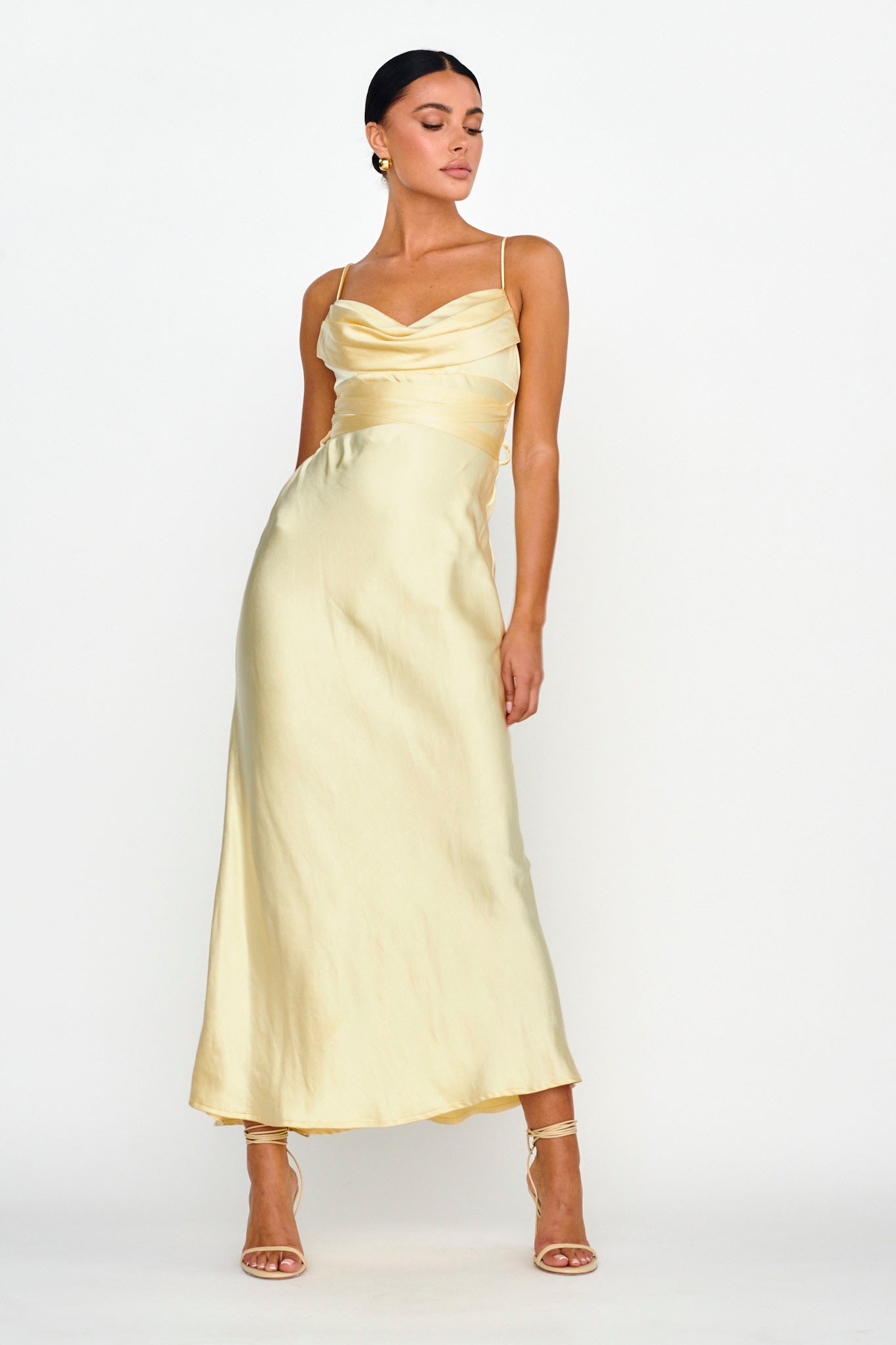 Starring Role Cowl Bust Waist Tie Dress Butter by Selfie Leslie