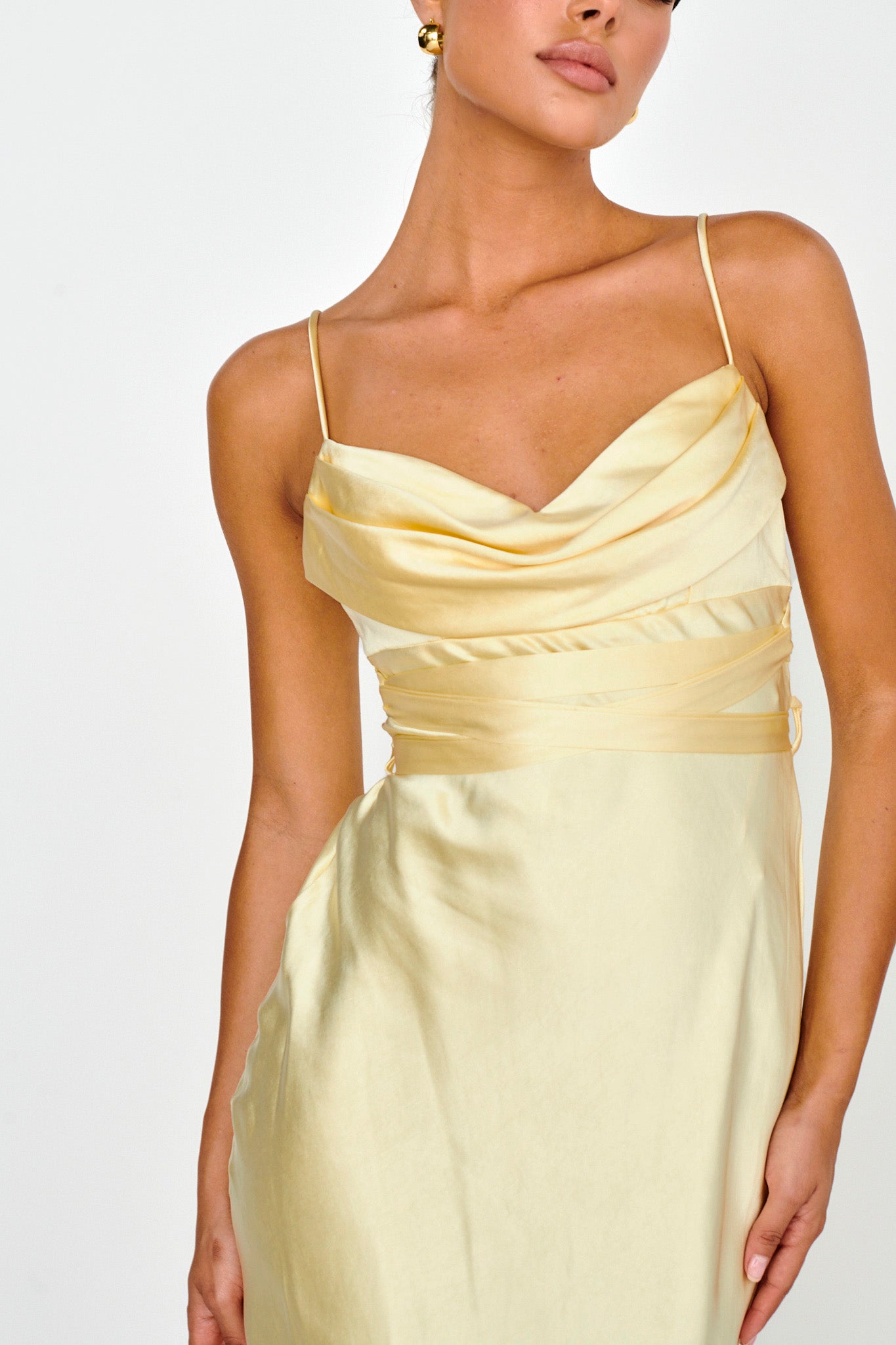 Starring Role Cowl Bust Waist Tie Dress Butter by Selfie Leslie