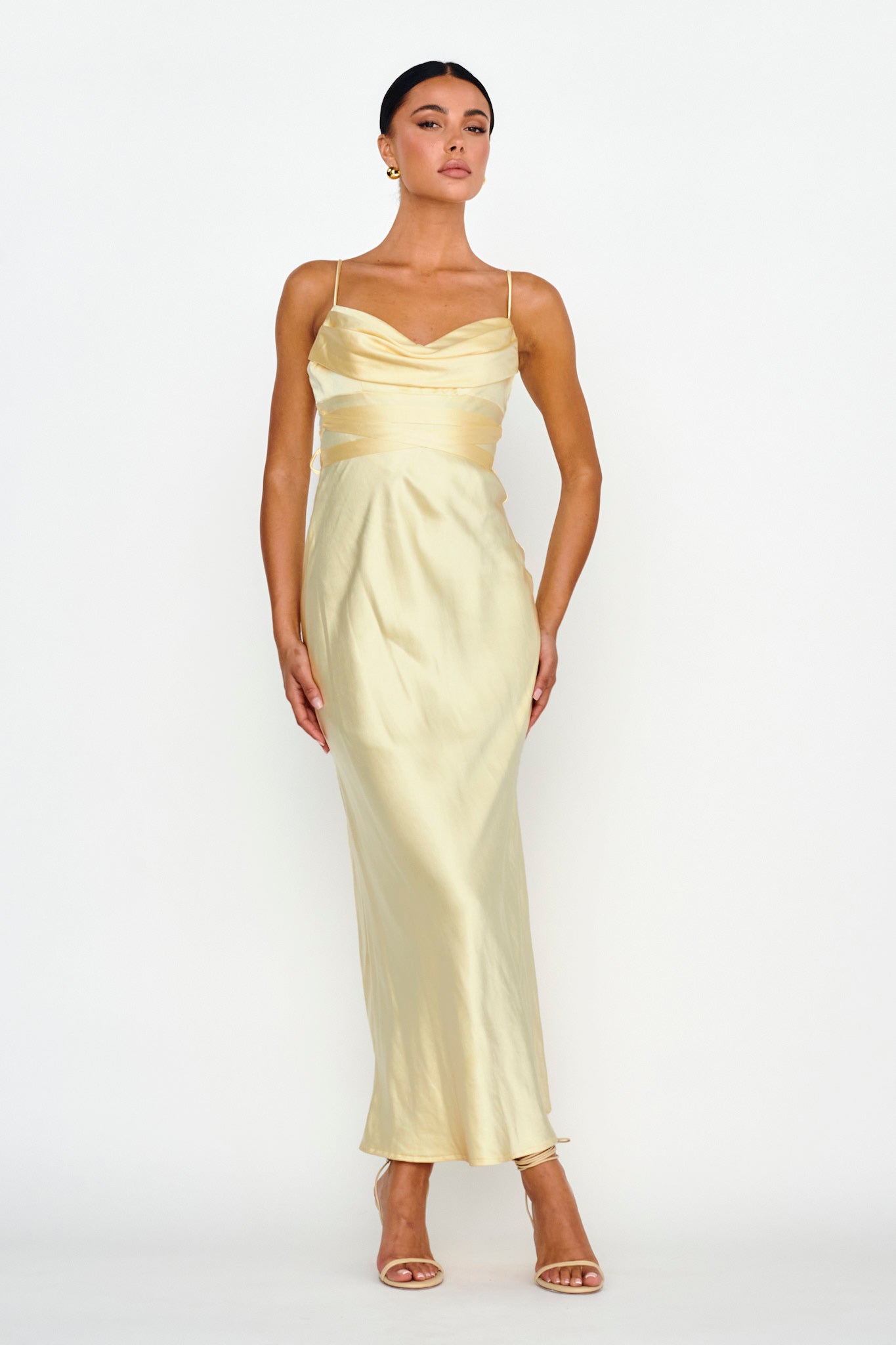 Starring Role Cowl Bust Waist Tie Dress Butter by Selfie Leslie