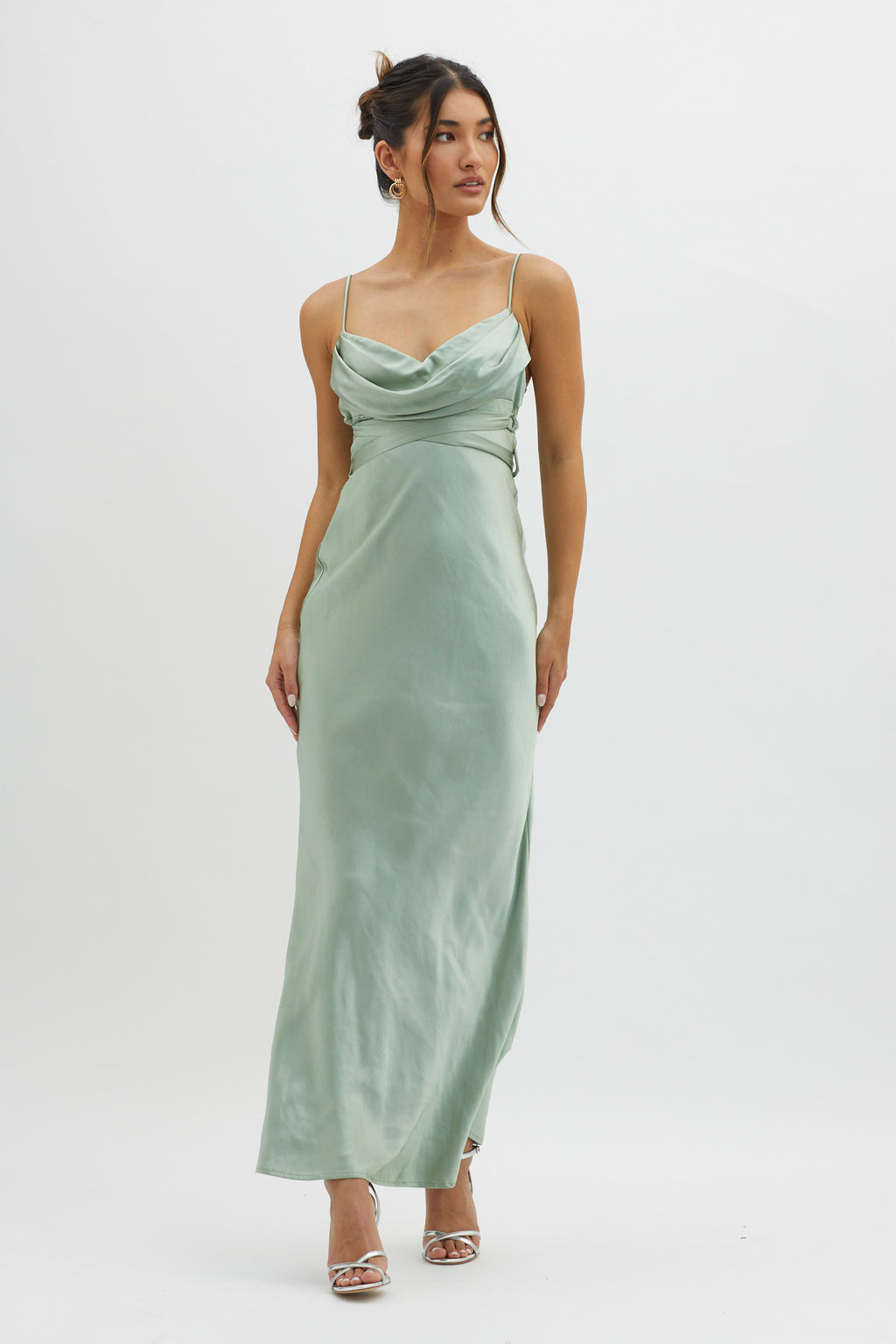 Starring Role Cowl Bust Waist Tie Dress Sage by Selfie Leslie