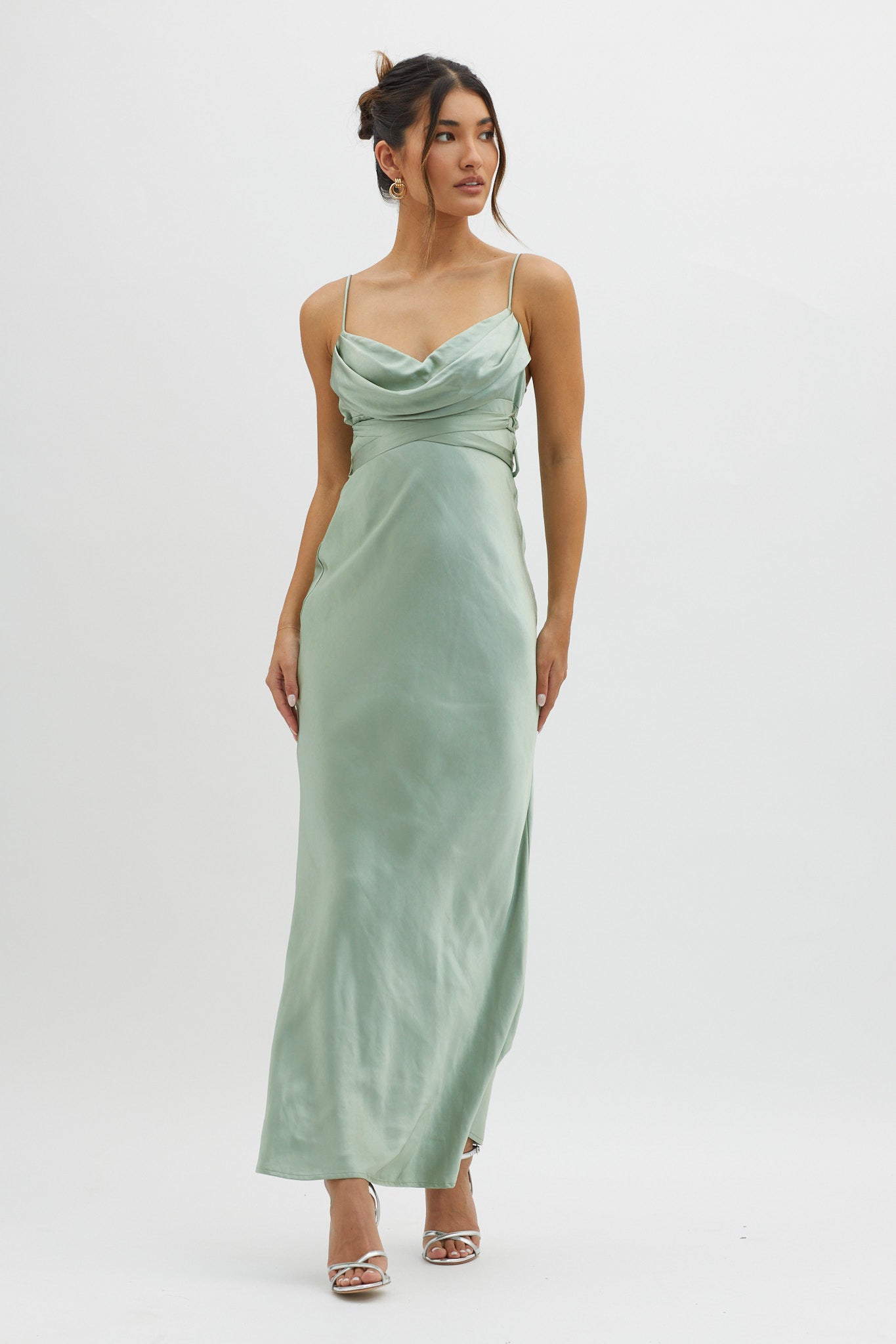 Starring Role Cowl Bust Waist Tie Dress Sage by Selfie Leslie