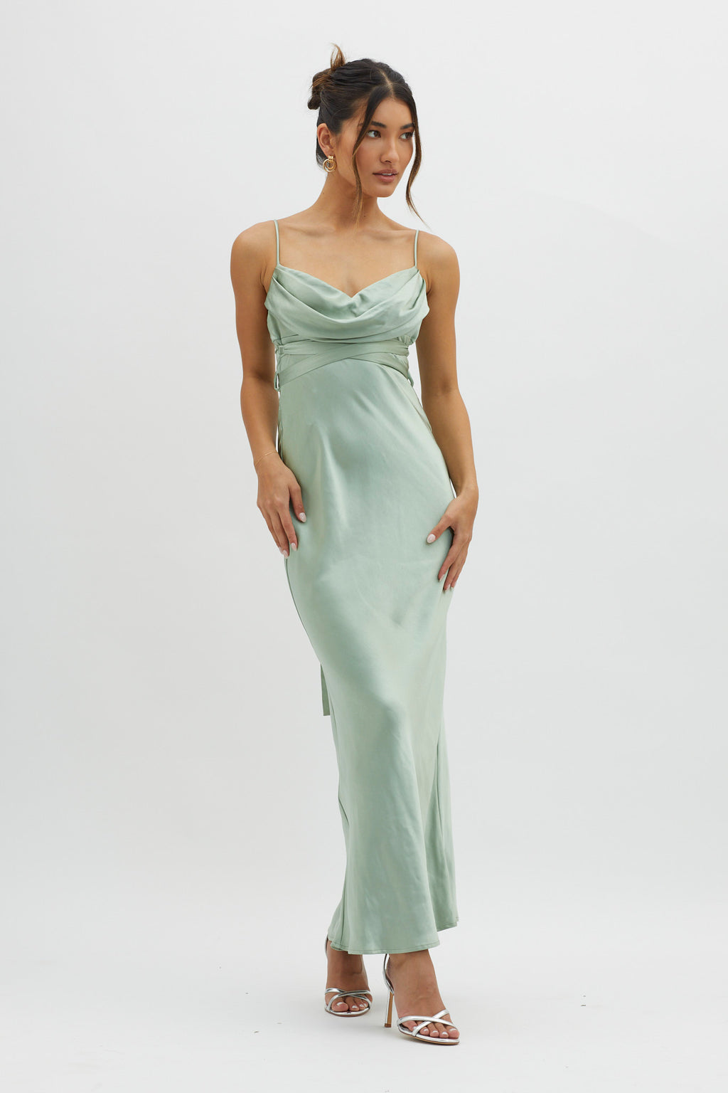 Starring Role Cowl Bust Waist Tie Dress Sage by Selfie Leslie