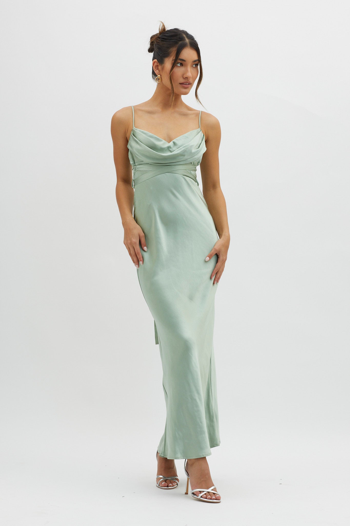 Starring Role Cowl Bust Waist Tie Dress Sage by Selfie Leslie