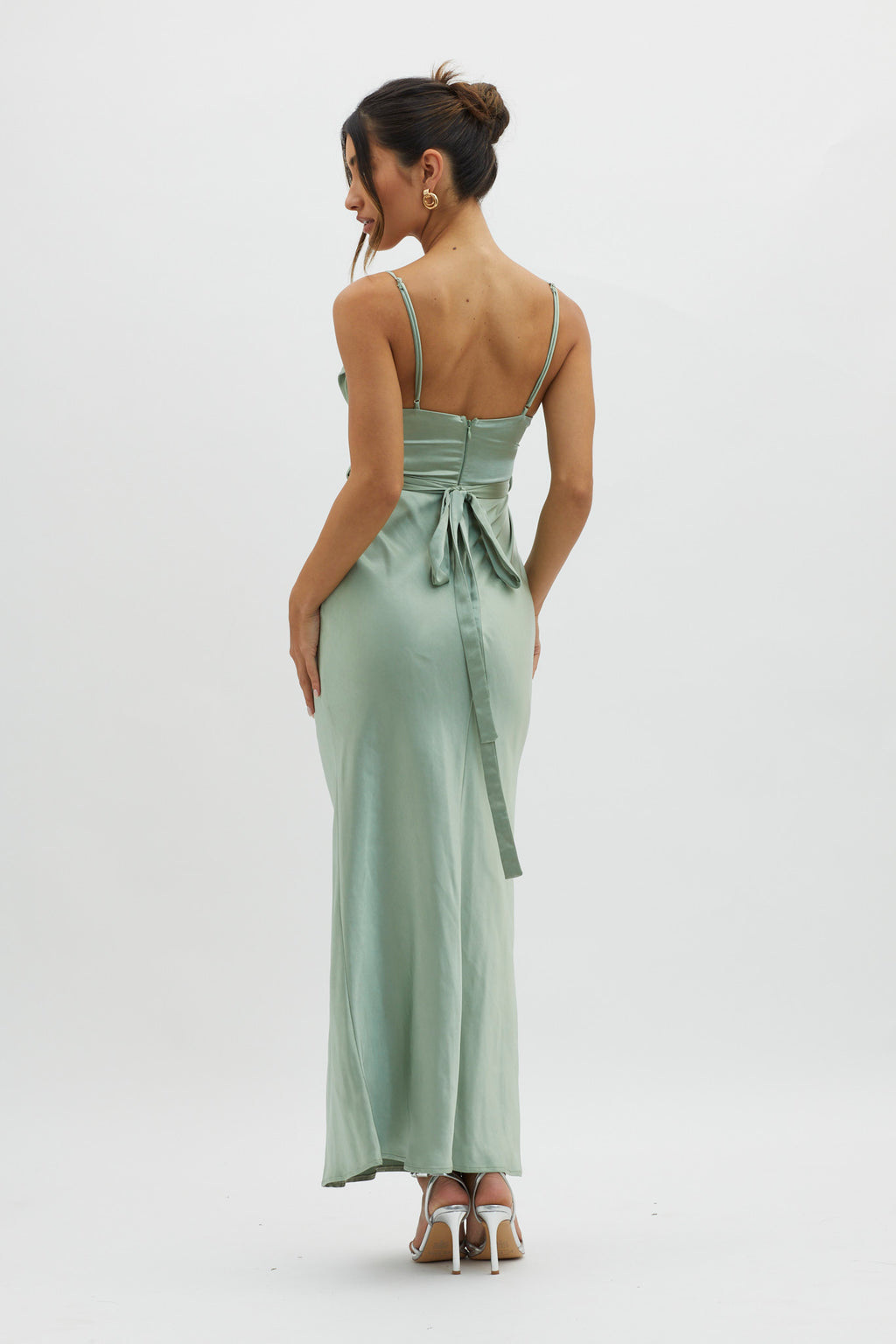 Starring Role Cowl Bust Waist Tie Dress Sage by Selfie Leslie