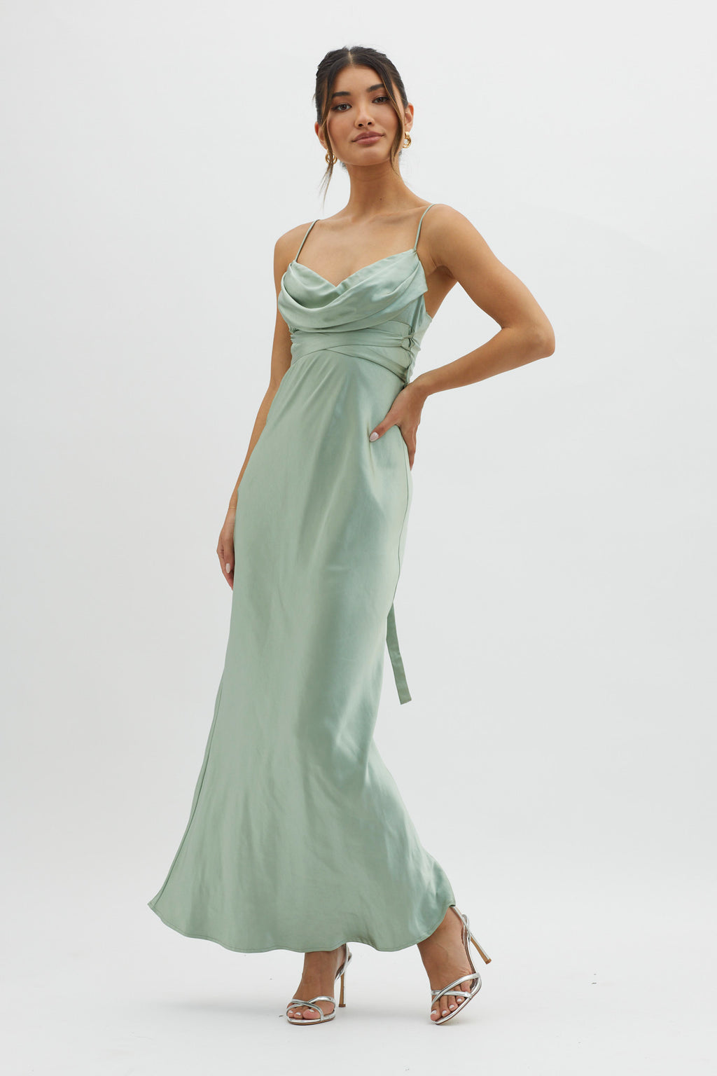 Starring Role Cowl Bust Waist Tie Dress Sage by Selfie Leslie