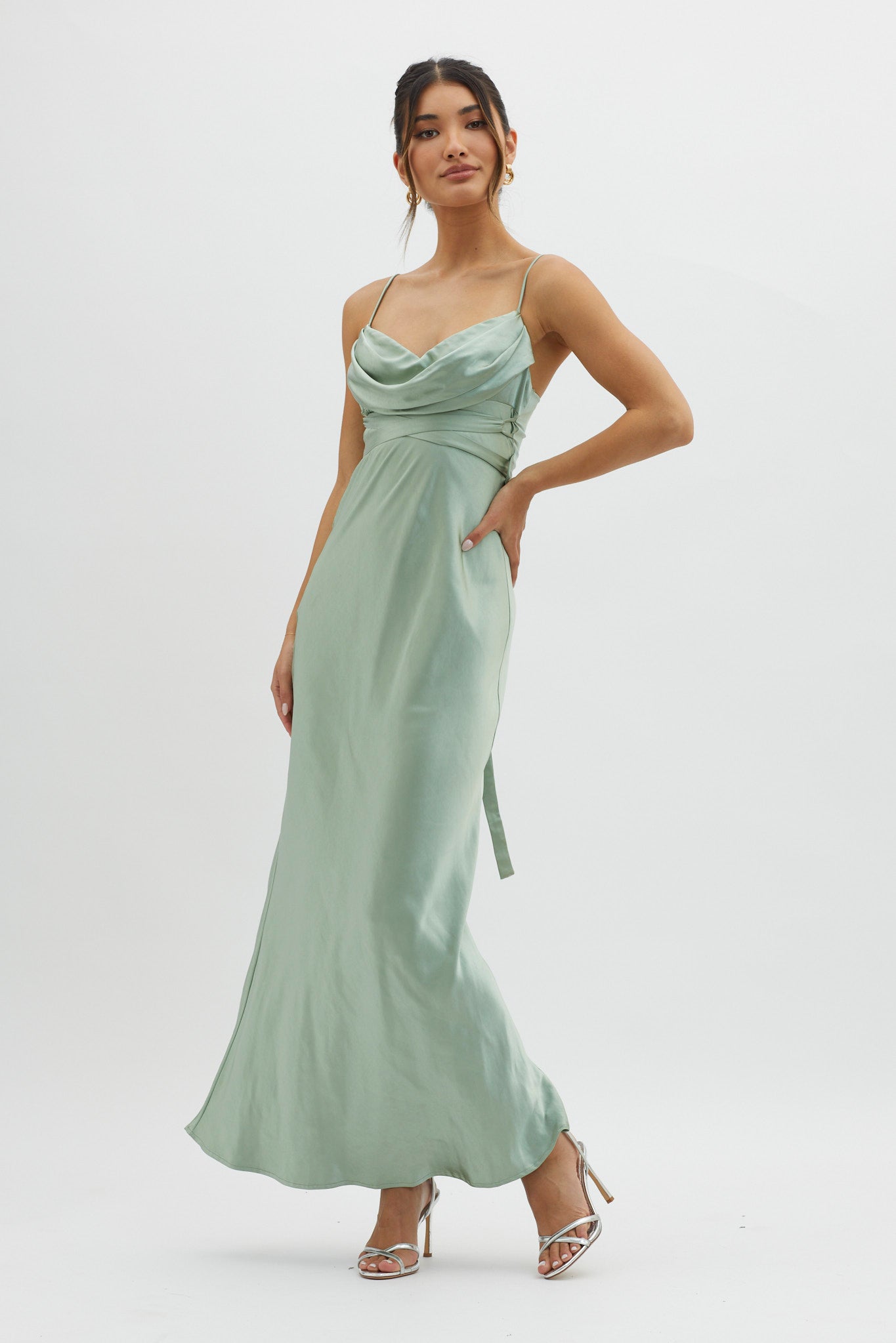 Starring Role Cowl Bust Waist Tie Dress Sage by Selfie Leslie