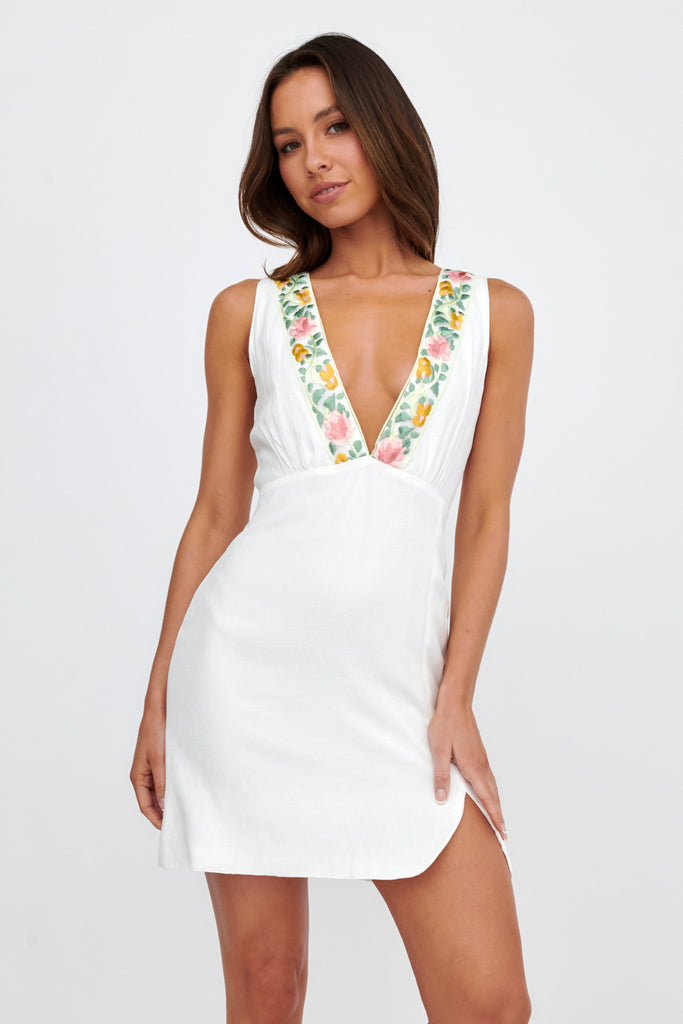 Shop the Cozumel V-Neck Embroidered Mini Dress White