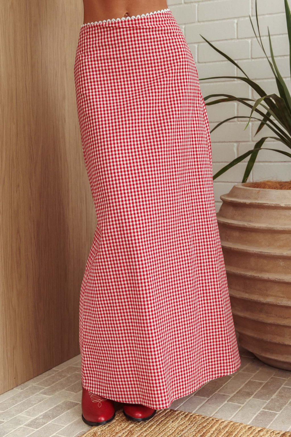 Summer Cottage Lace Trim Maxi Skirt Red Check by Selfie Leslie