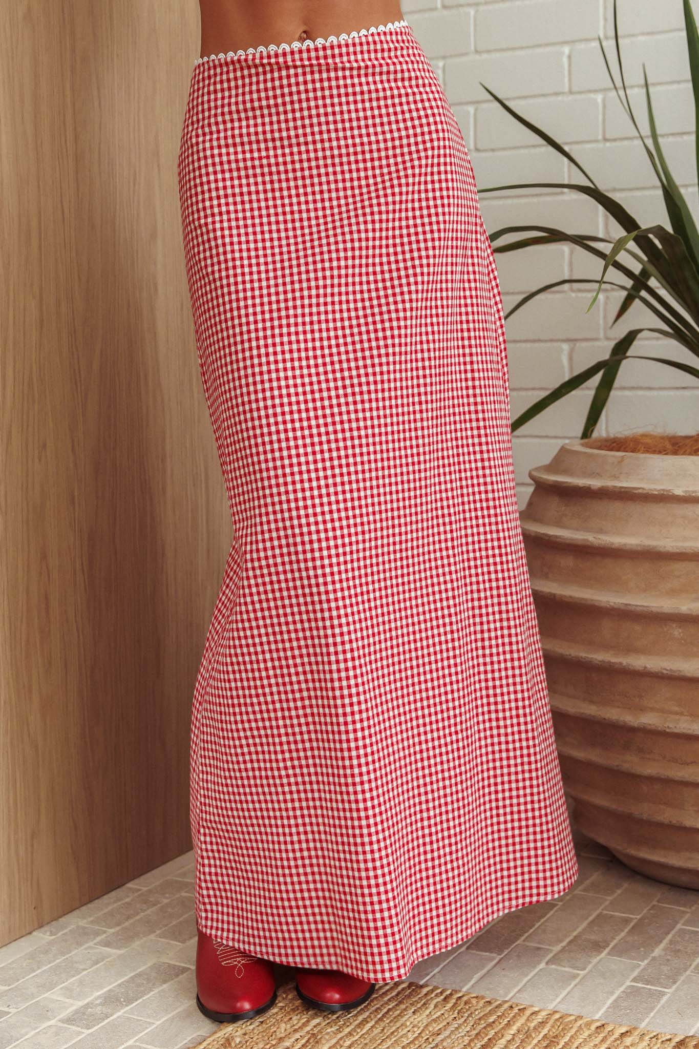 Shop the Summer Cottage Lace Trim Maxi Skirt Red Check