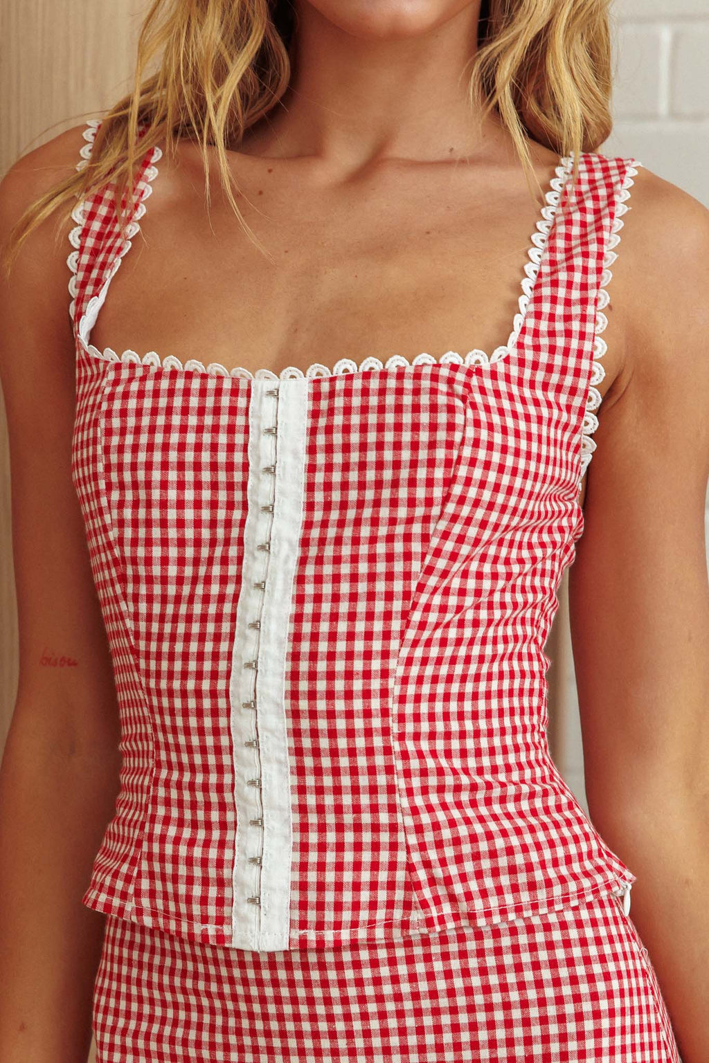 Summer Cottage Lace Trim Top Red Check by Selfie Leslie
