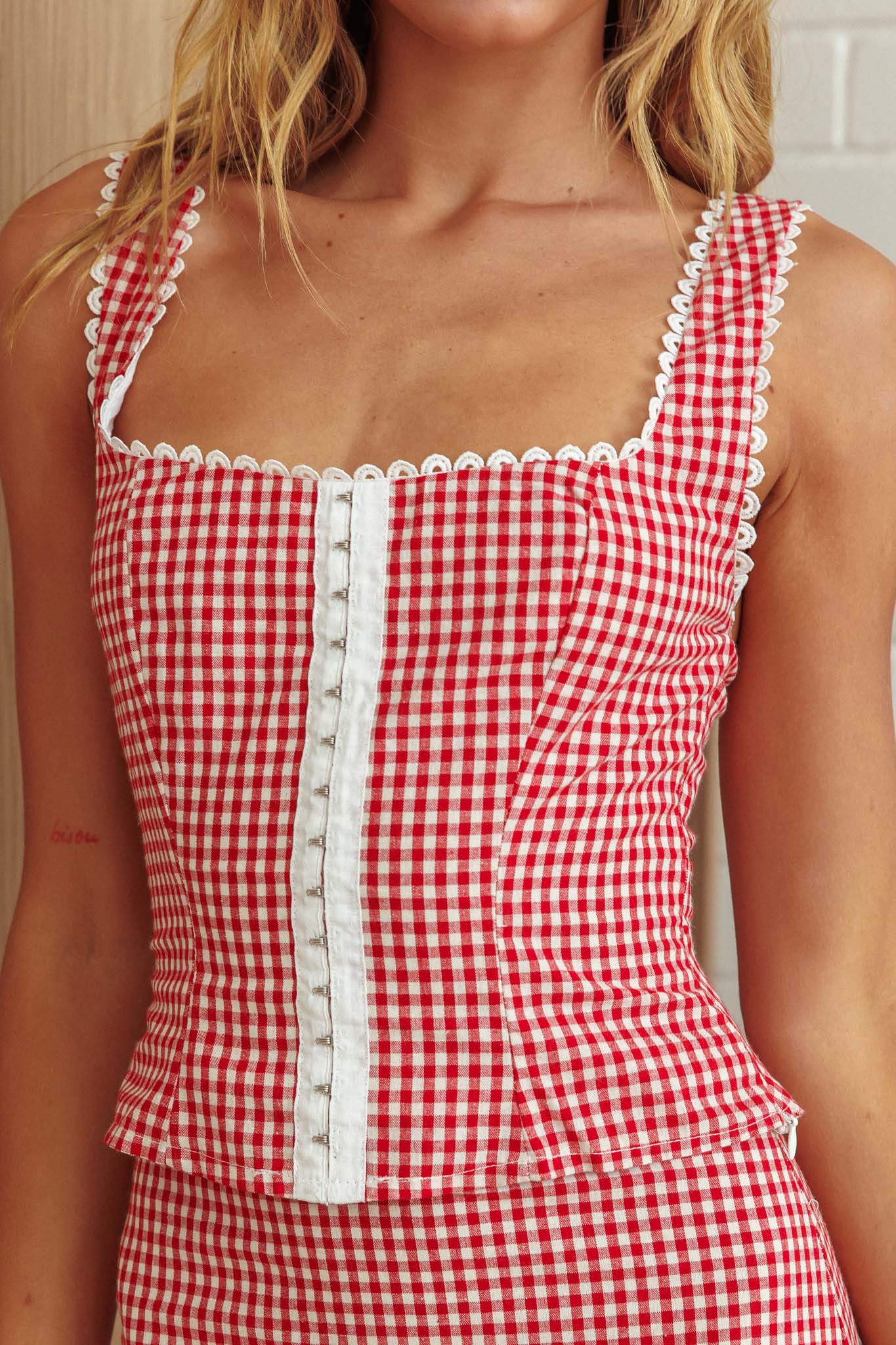 Summer Cottage Lace Trim Top Red Check by Selfie Leslie