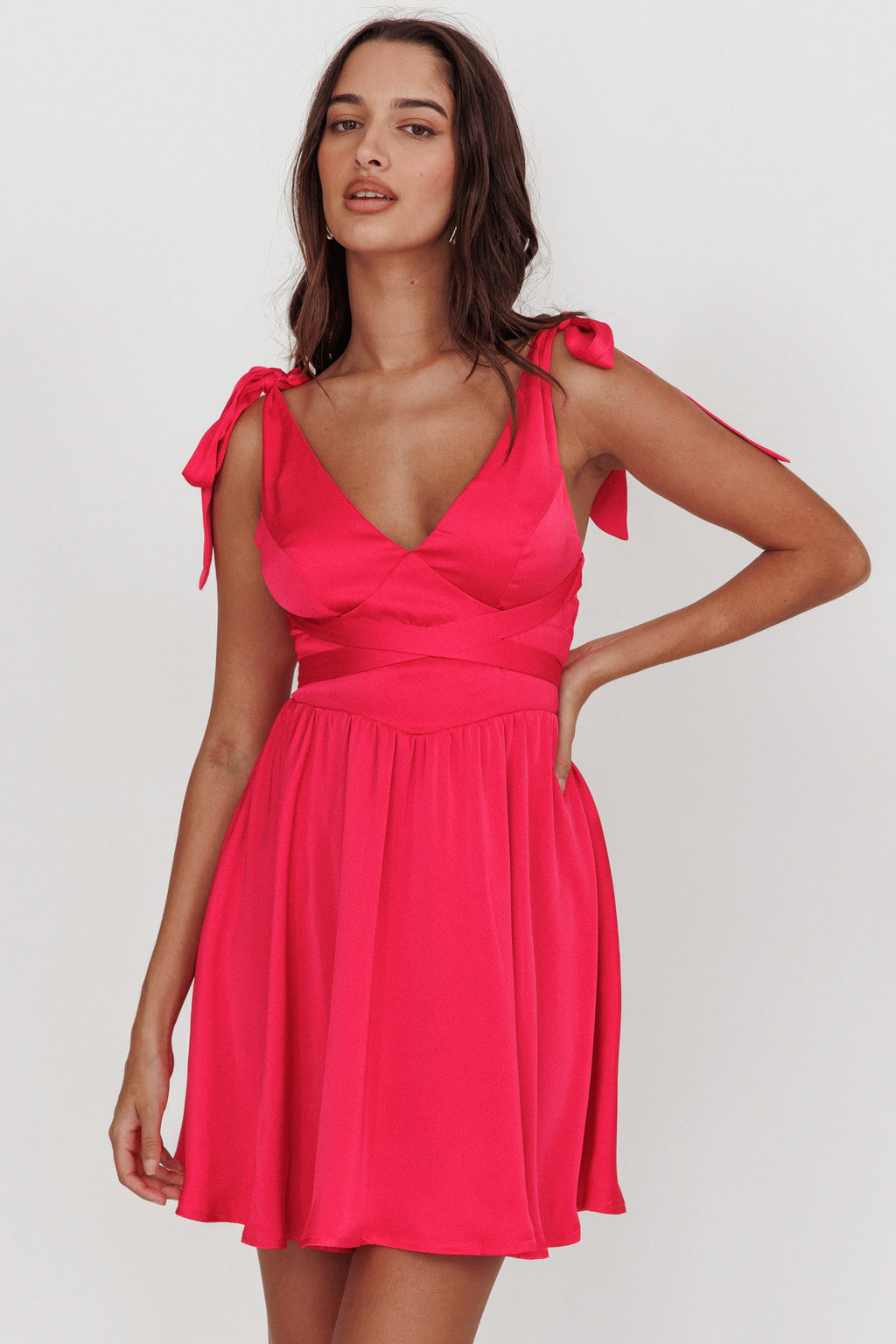 Majesty Tied Shoulder Mini Dress Hot Pink by Selfie Leslie