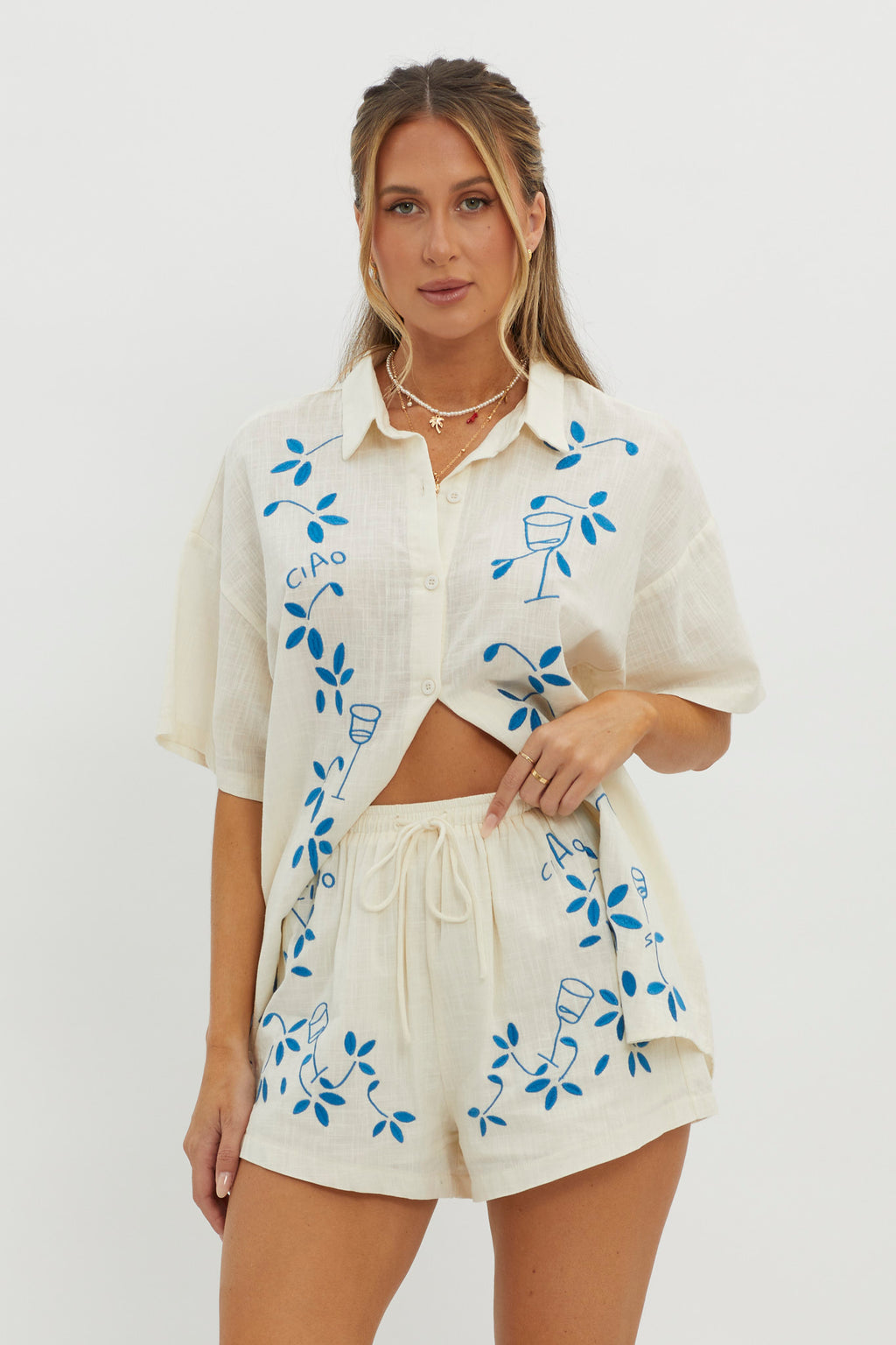 Ciao Ciao Embroidered Drawstring Shorts Beige by Selfie Leslie