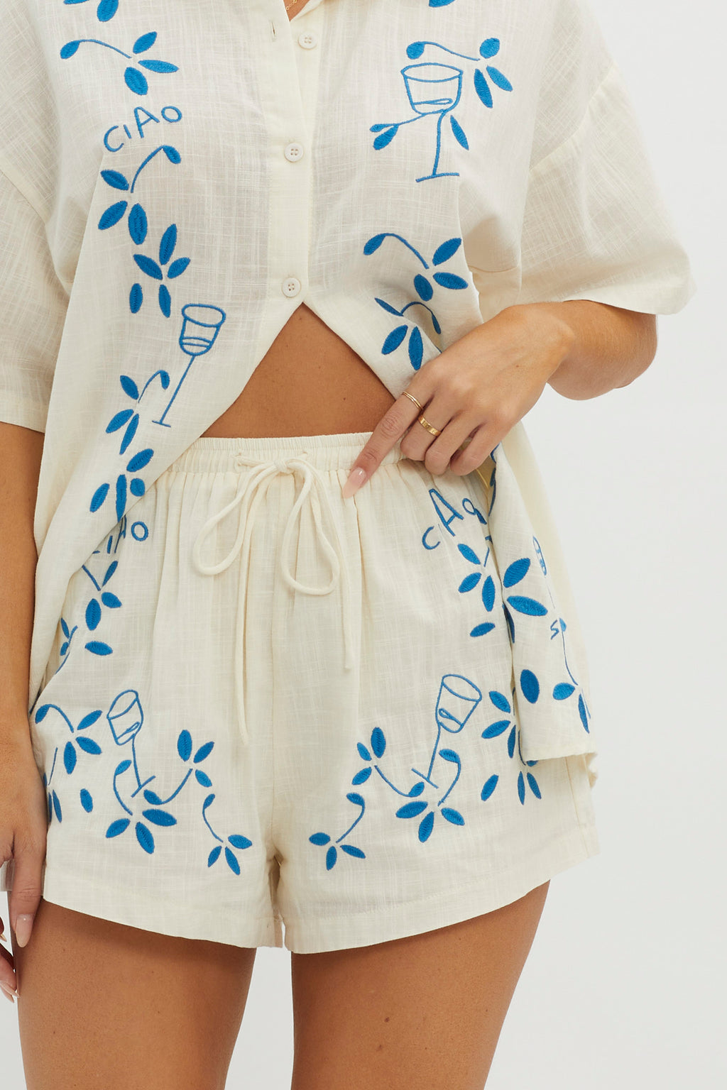 Ciao Ciao Embroidered Drawstring Shorts Beige by Selfie Leslie