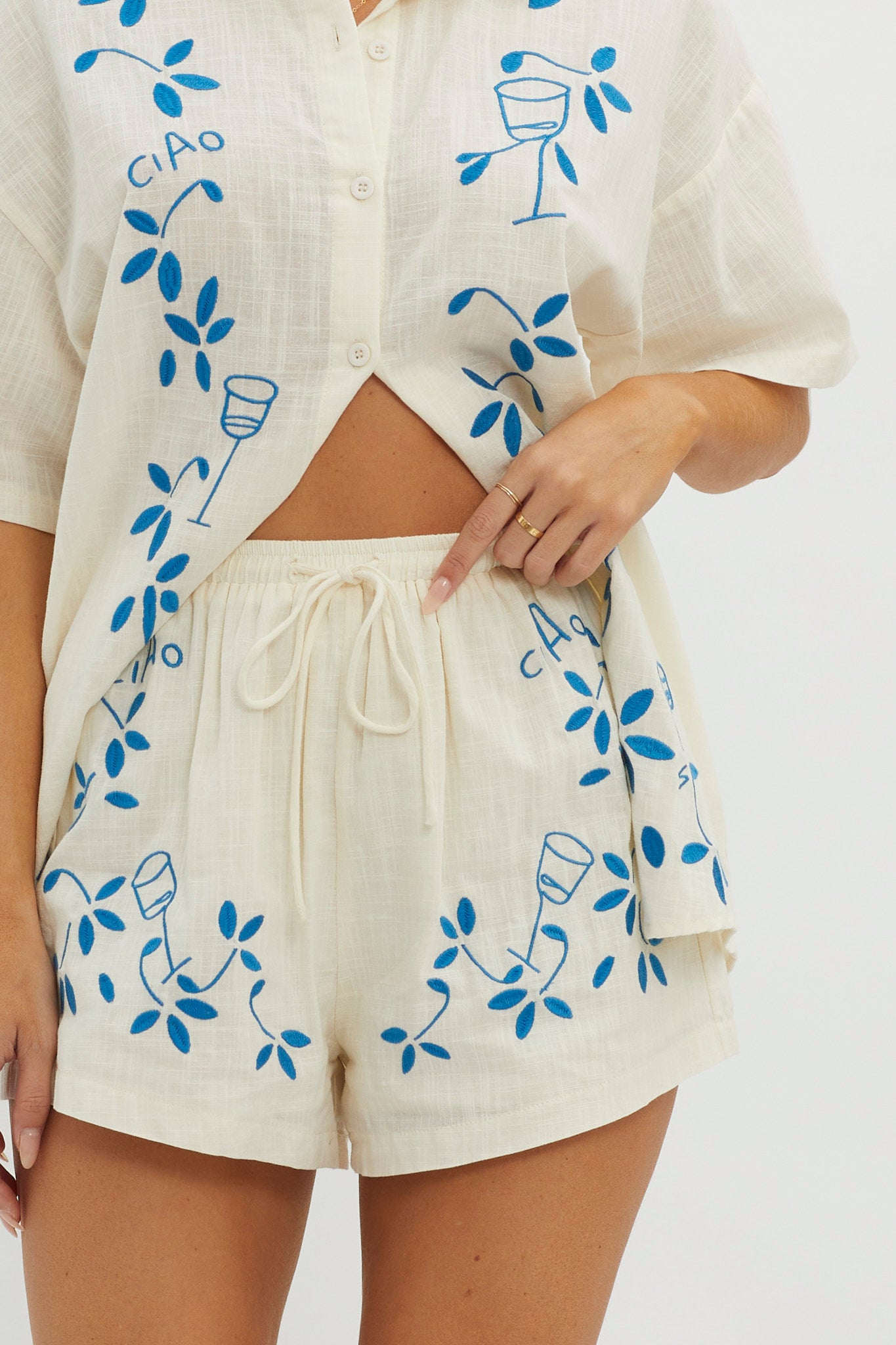 Ciao Ciao Embroidered Drawstring Shorts Beige by Selfie Leslie
