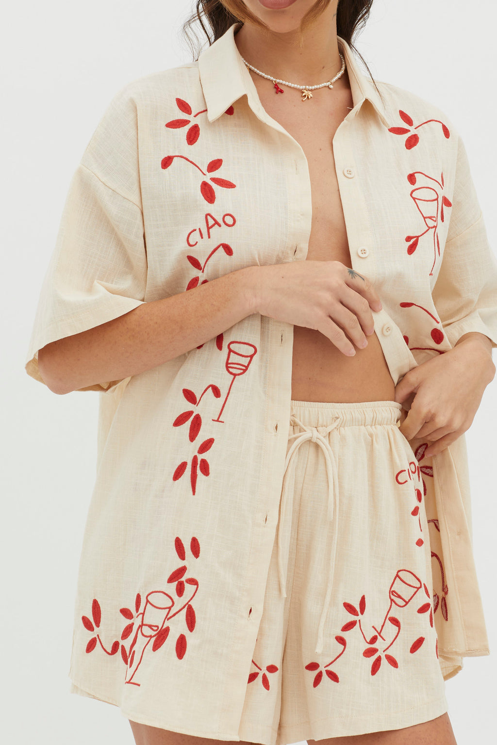 Ciao Ciao Embroidered Drawstring Shorts Oat by Selfie Leslie