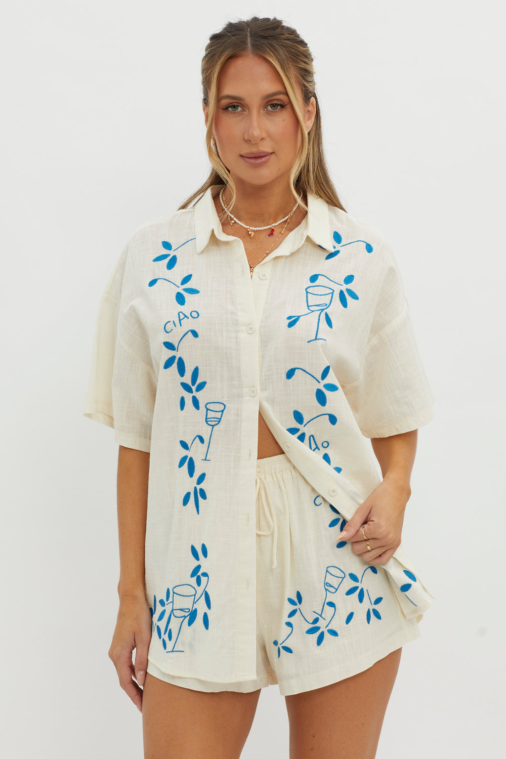Ciao Ciao Embroidered Button-Up Shirt Beige by Selfie Leslie