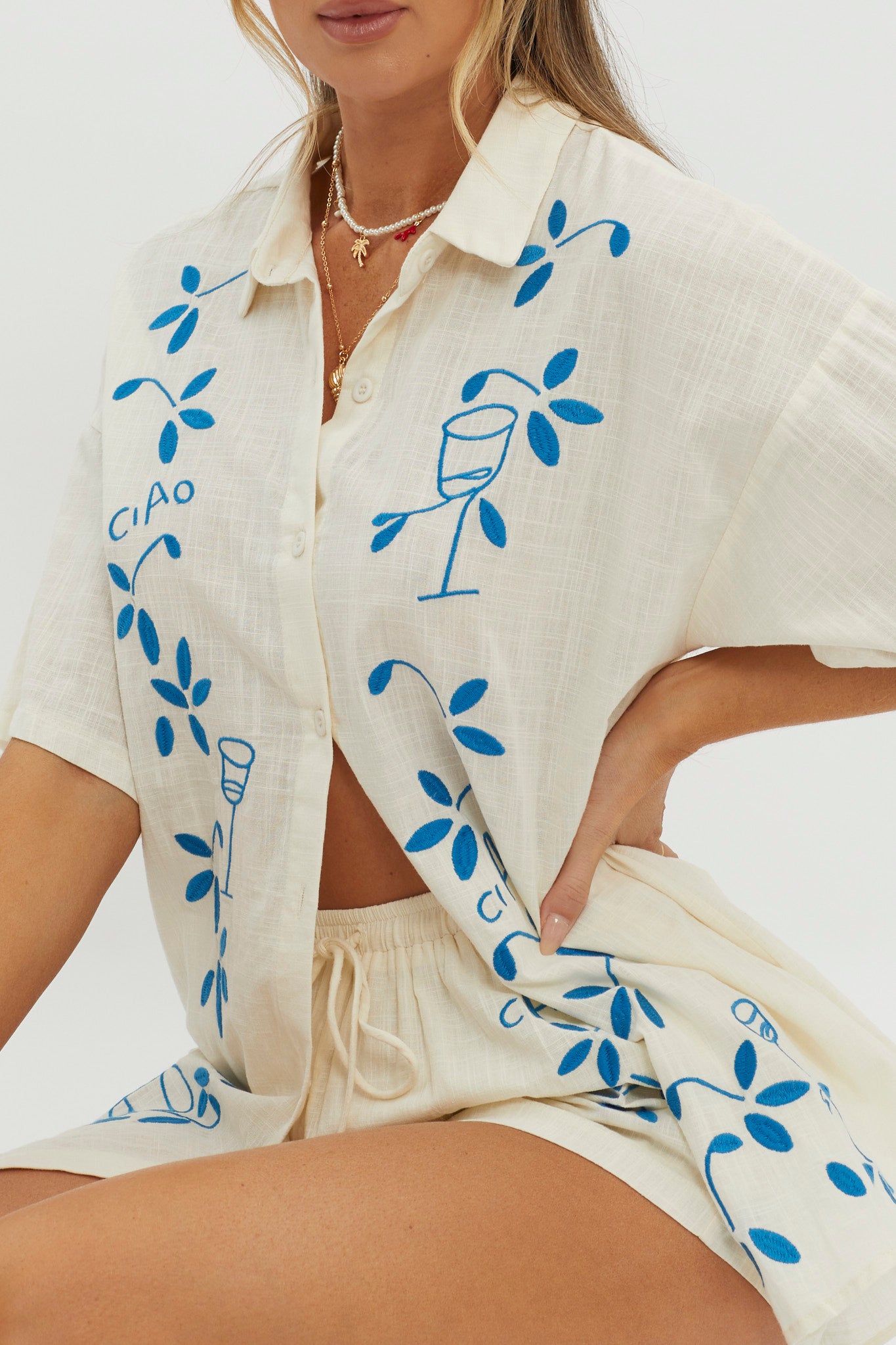 Ciao Ciao Embroidered Button-Up Shirt Beige by Selfie Leslie