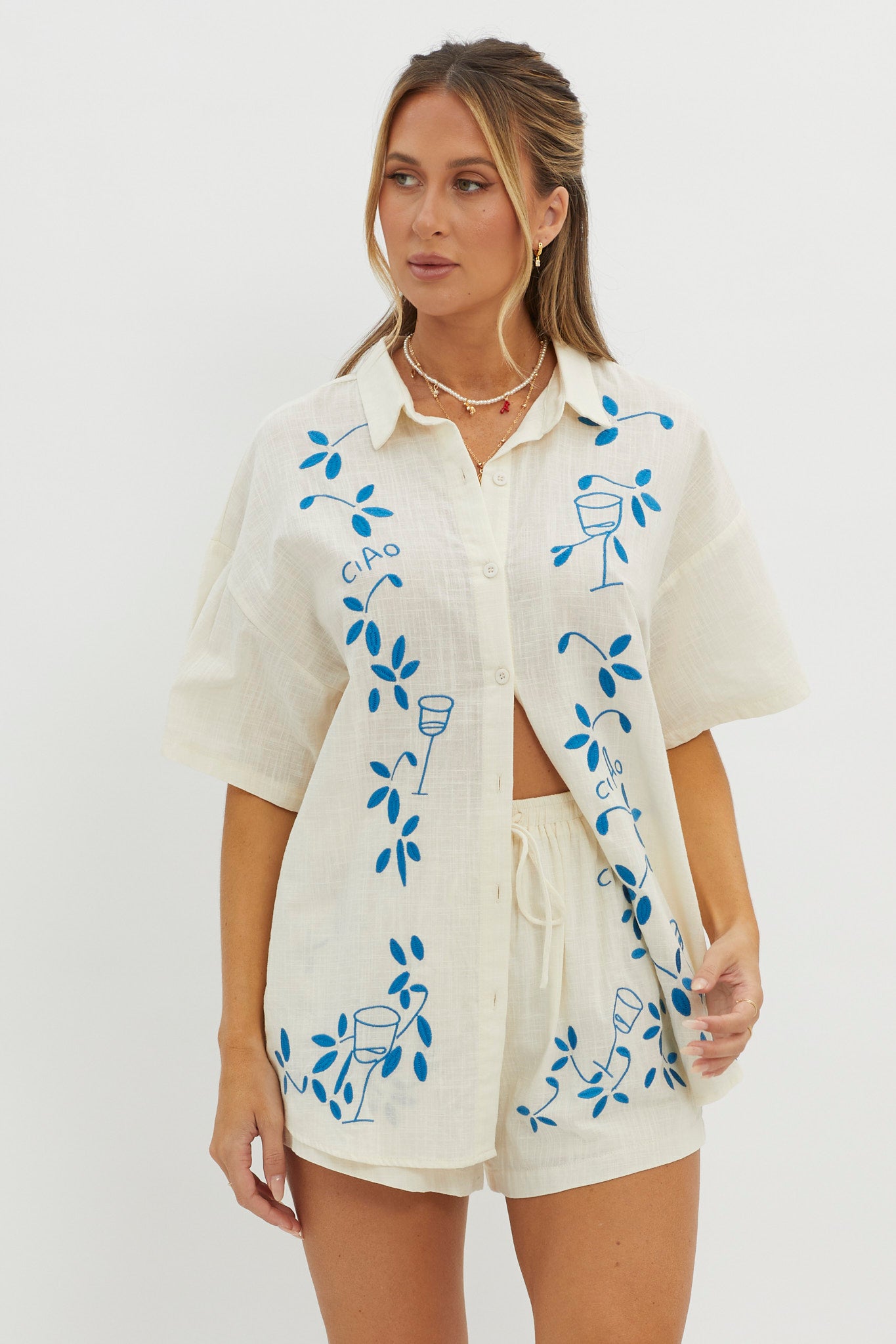 Ciao Ciao Embroidered Button-Up Shirt Beige by Selfie Leslie