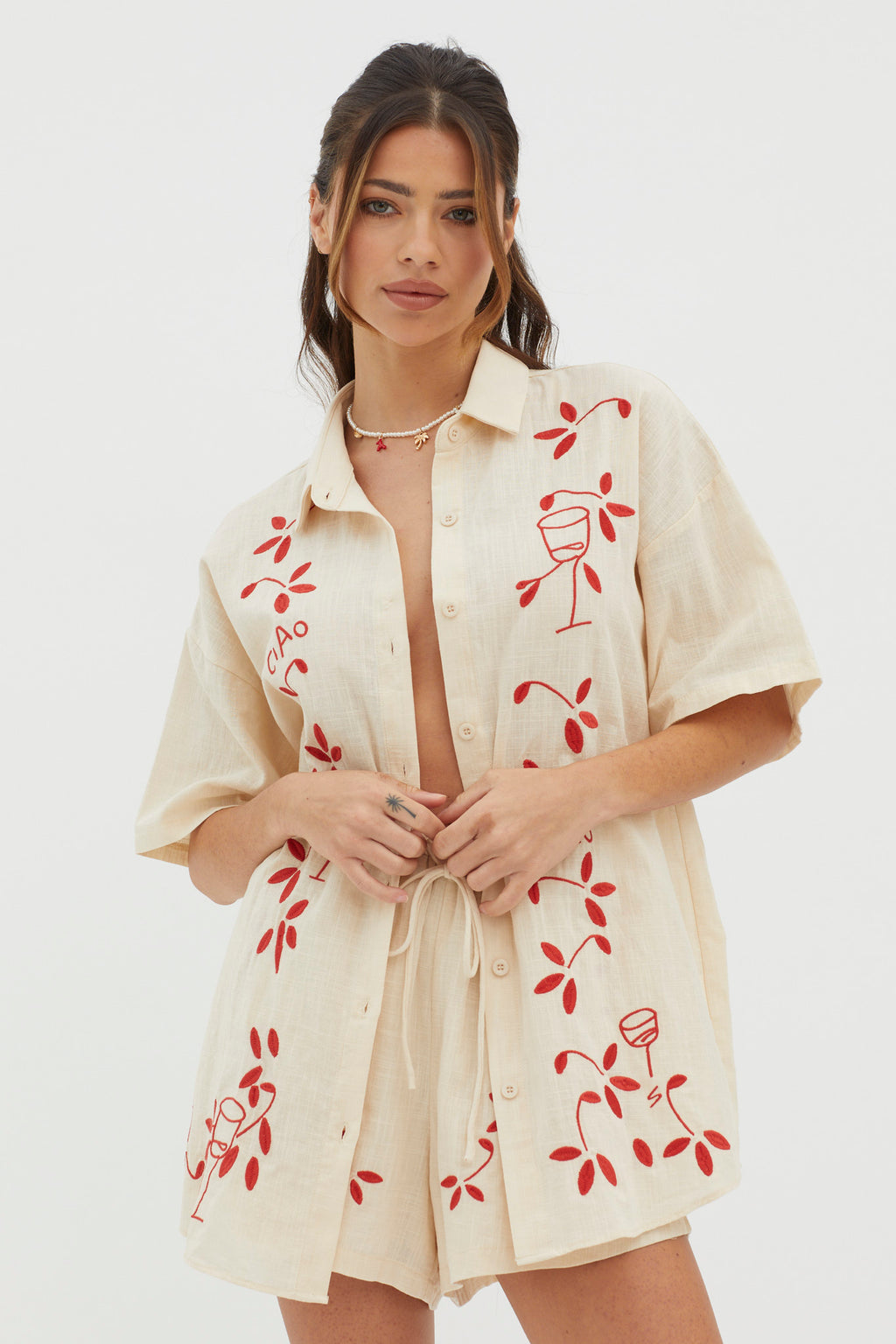Ciao Ciao Embroidered Button-Up Shirt Oat by Selfie Leslie