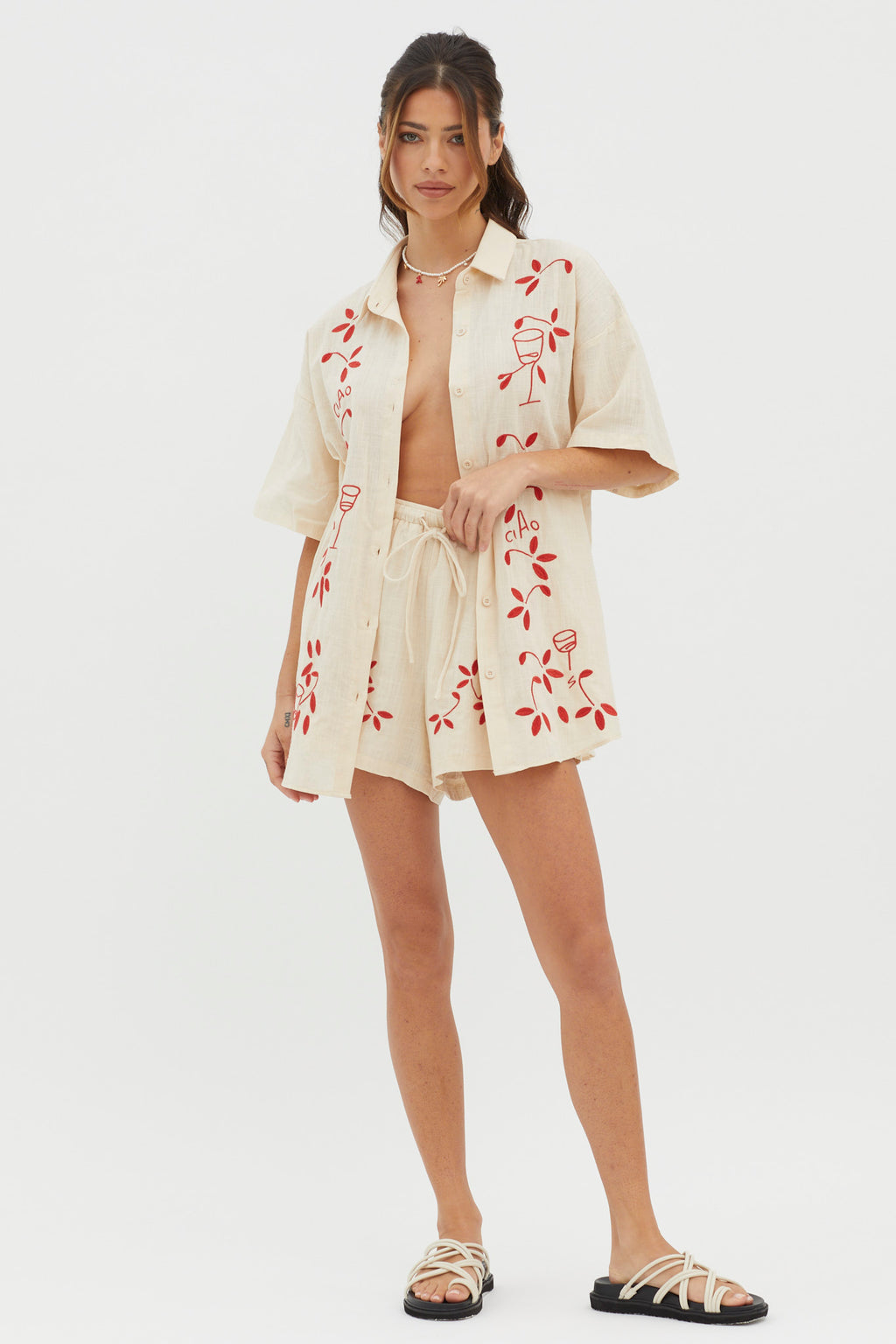 Ciao Ciao Embroidered Button-Up Shirt Oat by Selfie Leslie