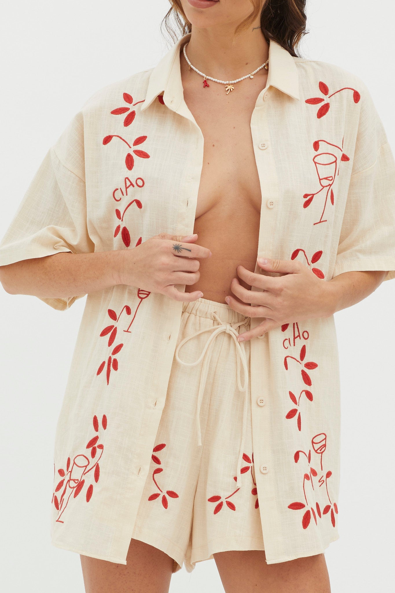 Ciao Ciao Embroidered Button-Up Shirt Oat by Selfie Leslie