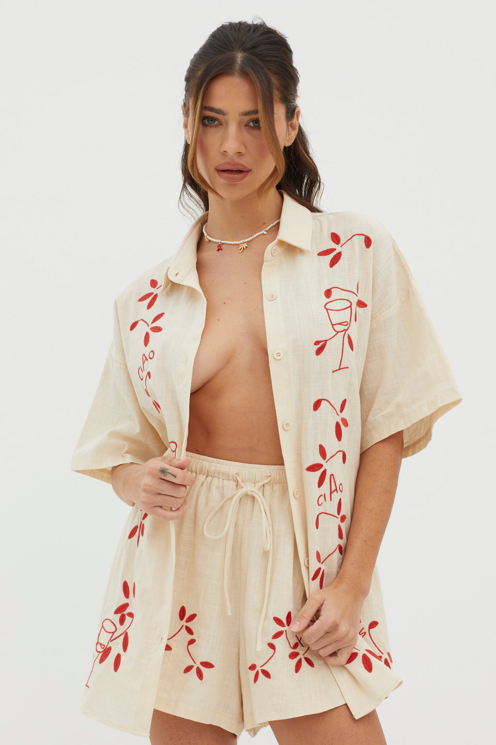 Ciao Ciao Embroidered Button-Up Shirt Oat by Selfie Leslie