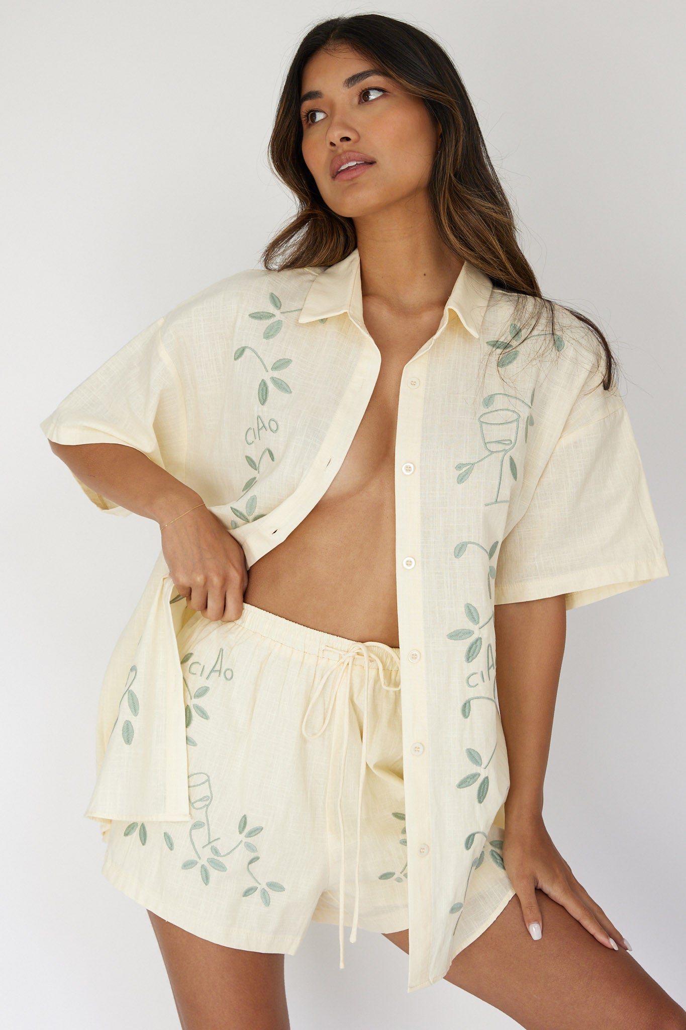Ciao Ciao Embroidered Drawstring Shorts Butter by Selfie Leslie