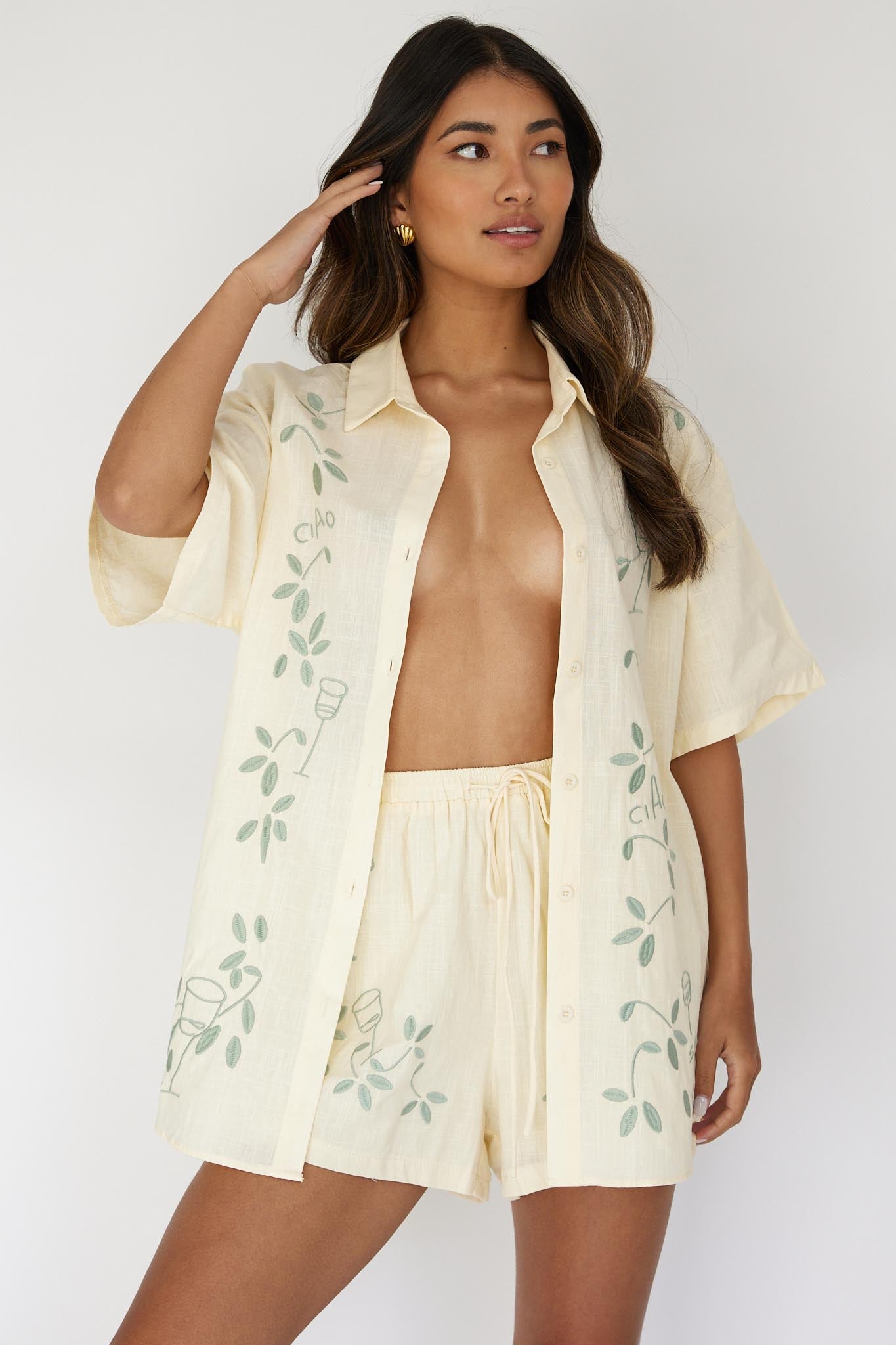 Ciao Ciao Embroidered Button-Up Shirt Butter by Selfie Leslie