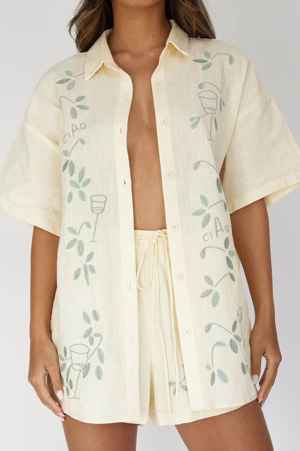 Ciao Ciao Embroidered Button-Up Shirt Butter by Selfie Leslie