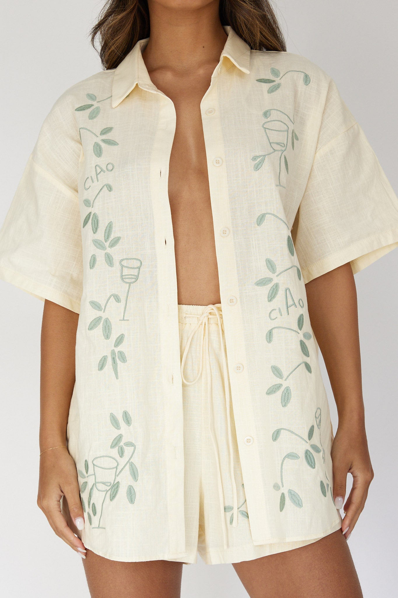 Ciao Ciao Embroidered Button-Up Shirt Butter by Selfie Leslie