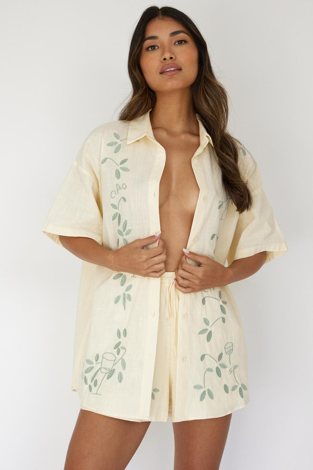 Ciao Ciao Embroidered Button-Up Shirt Butter by Selfie Leslie
