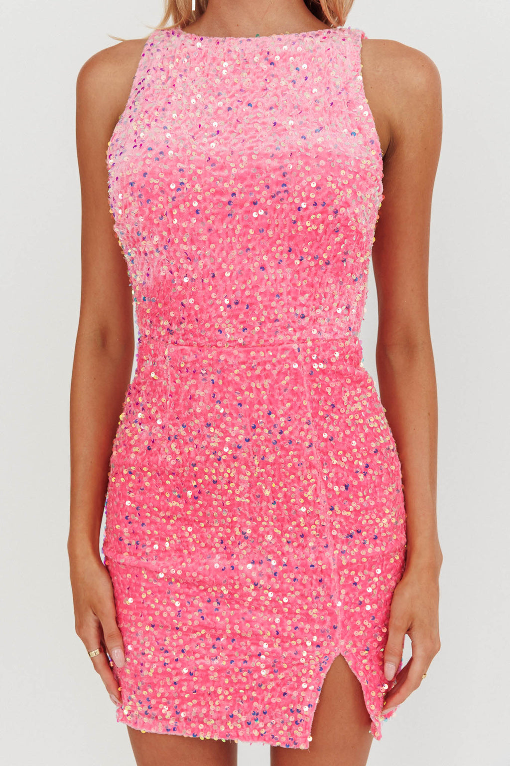 Bedazzle Opened Back Sequin Mini Dress Hot Pink by Selfie Leslie