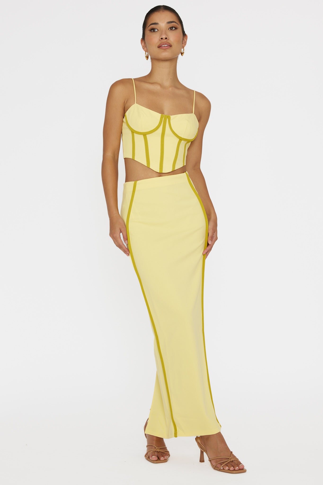 Ferrera Piping Trim Maxi Skirt Yellow by Selfie Leslie