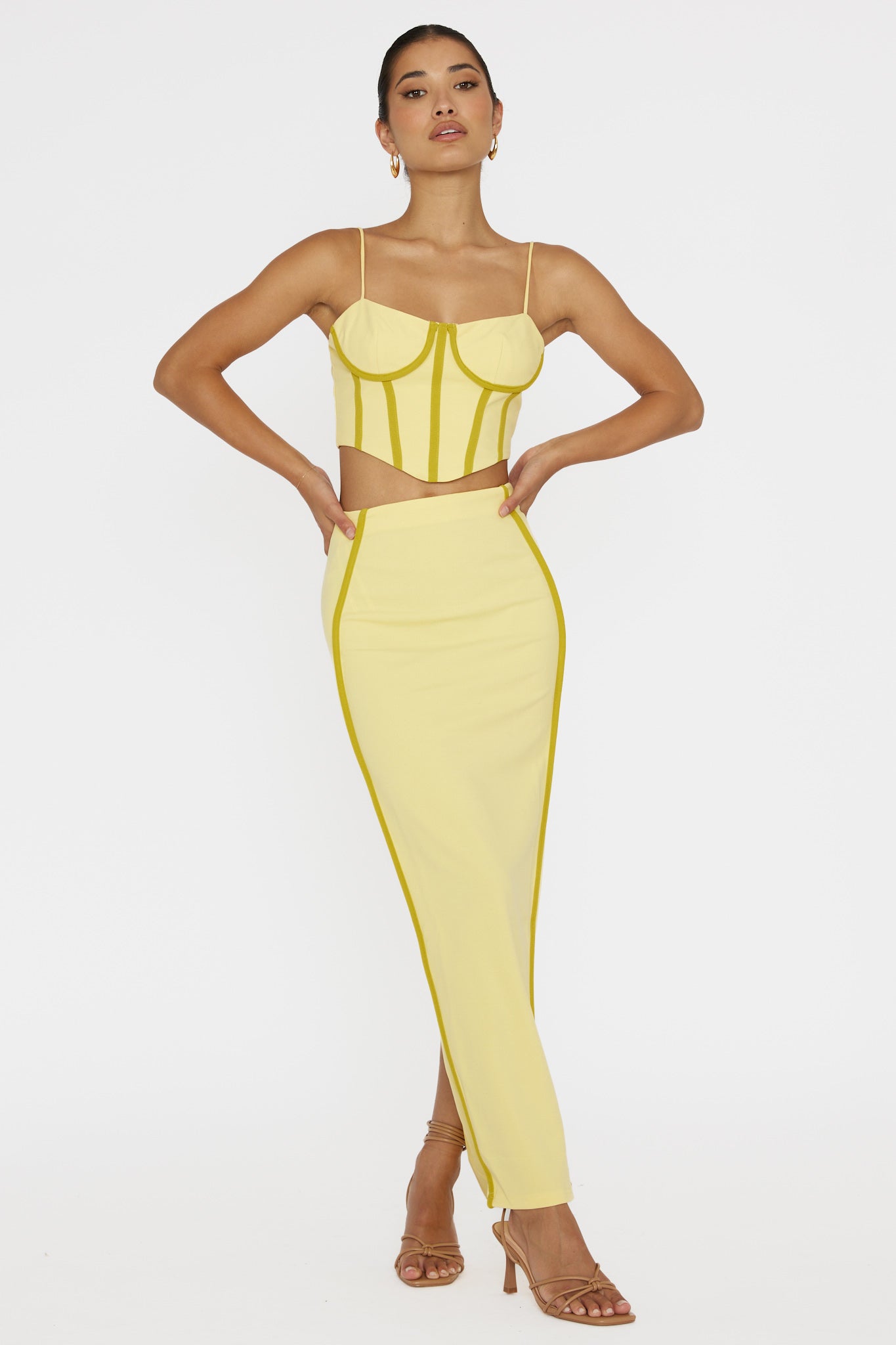 Ferrera Piping Trim Maxi Skirt Yellow by Selfie Leslie