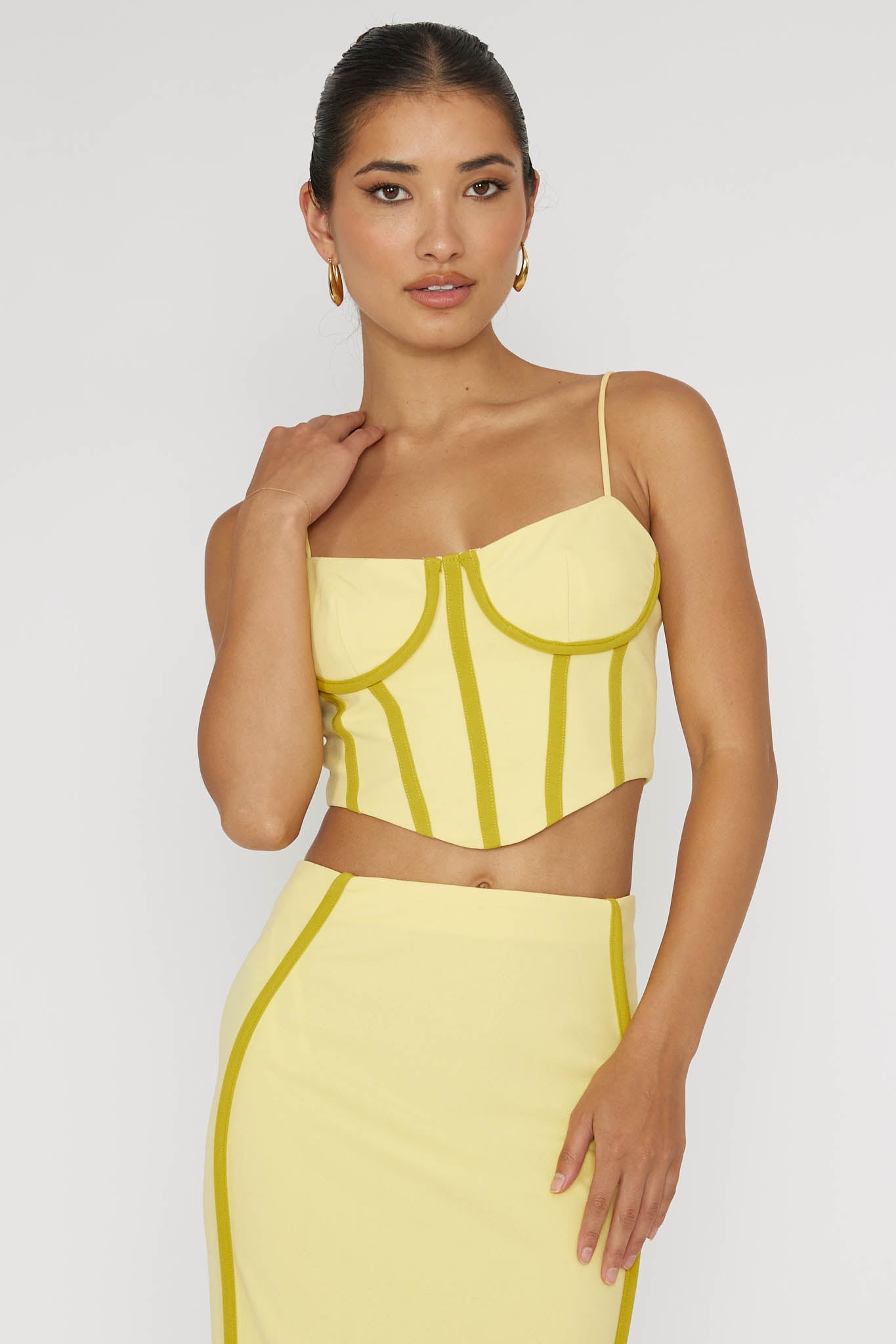 Ferrera Piping Trim Crop Top Yellow by Selfie Leslie