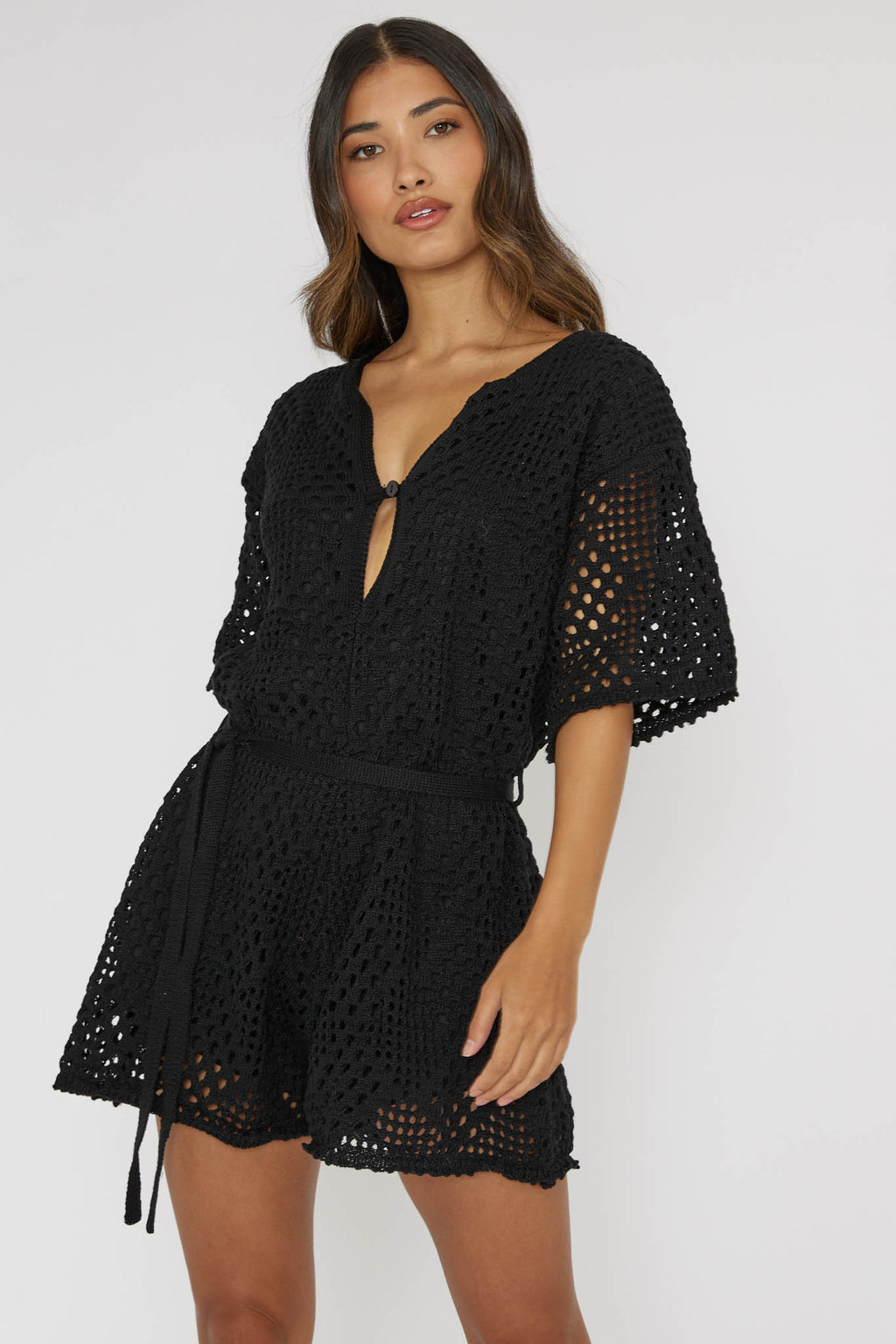 Asana Crochet Button Romper Black by Selfie Leslie