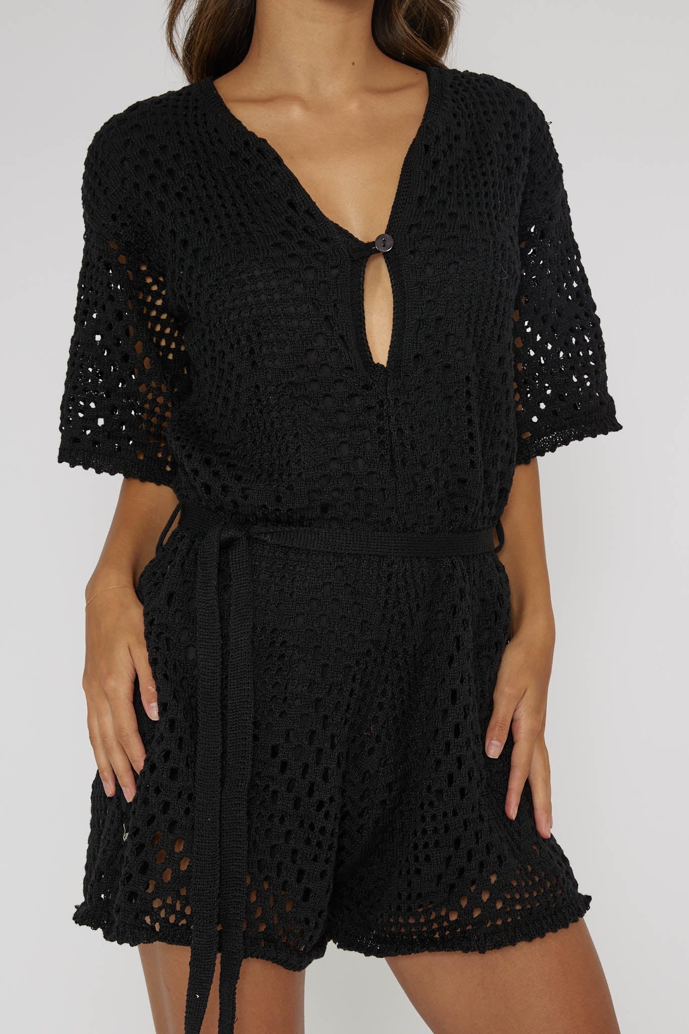 Asana Crochet Button Romper Black by Selfie Leslie