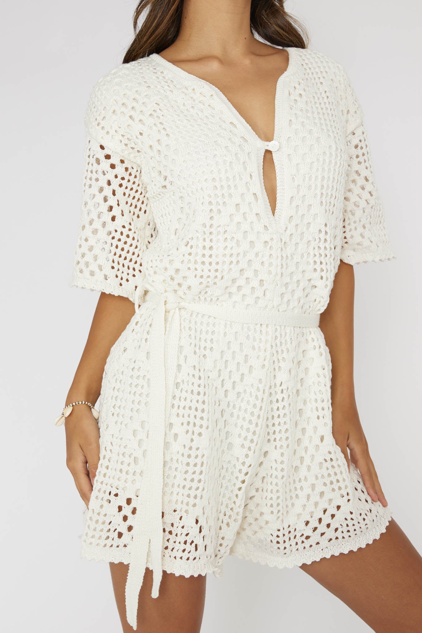 Asana Crochet Button Romper Cream by Selfie Leslie
