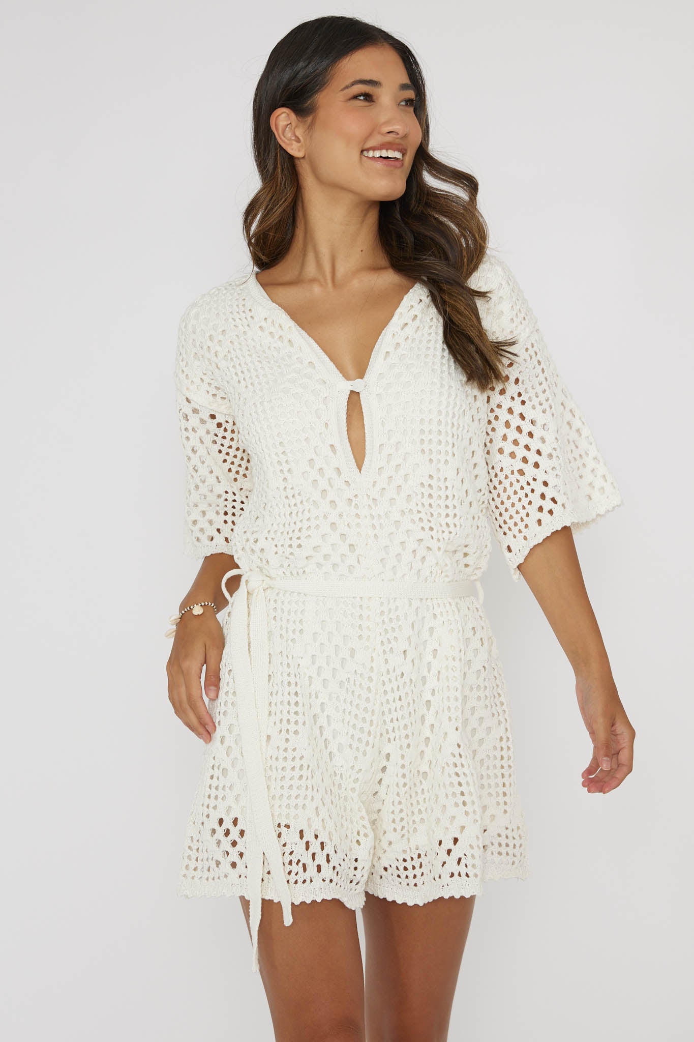 Asana Crochet Button Romper Cream by Selfie Leslie