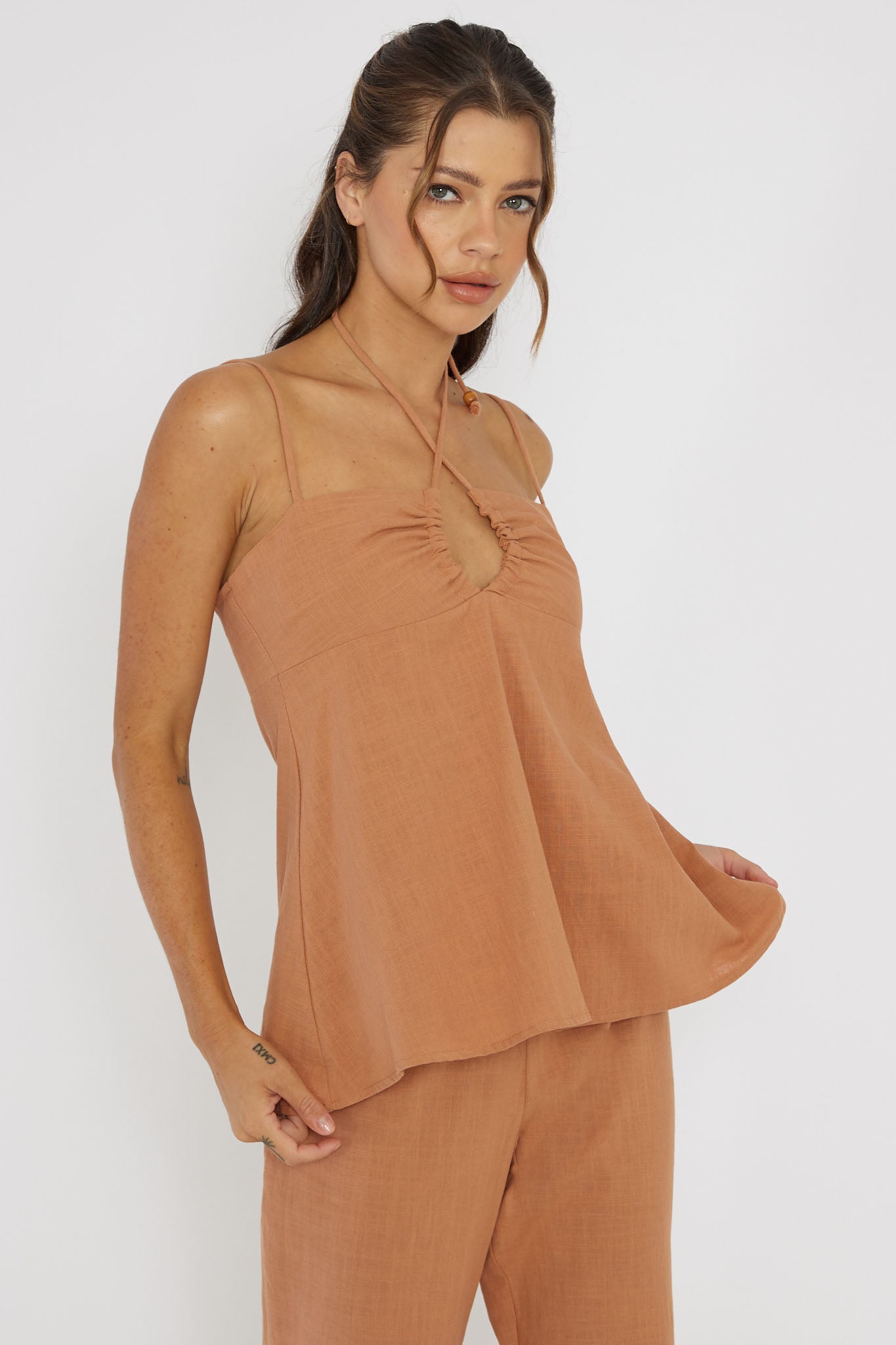 Freestyle Neck Tie Top Sand by Selfie Leslie