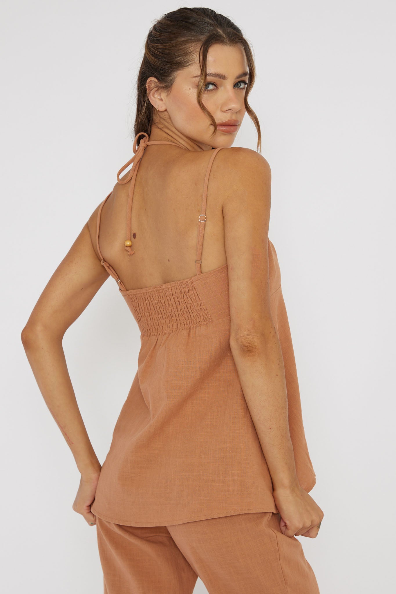 Freestyle Neck Tie Top Sand by Selfie Leslie