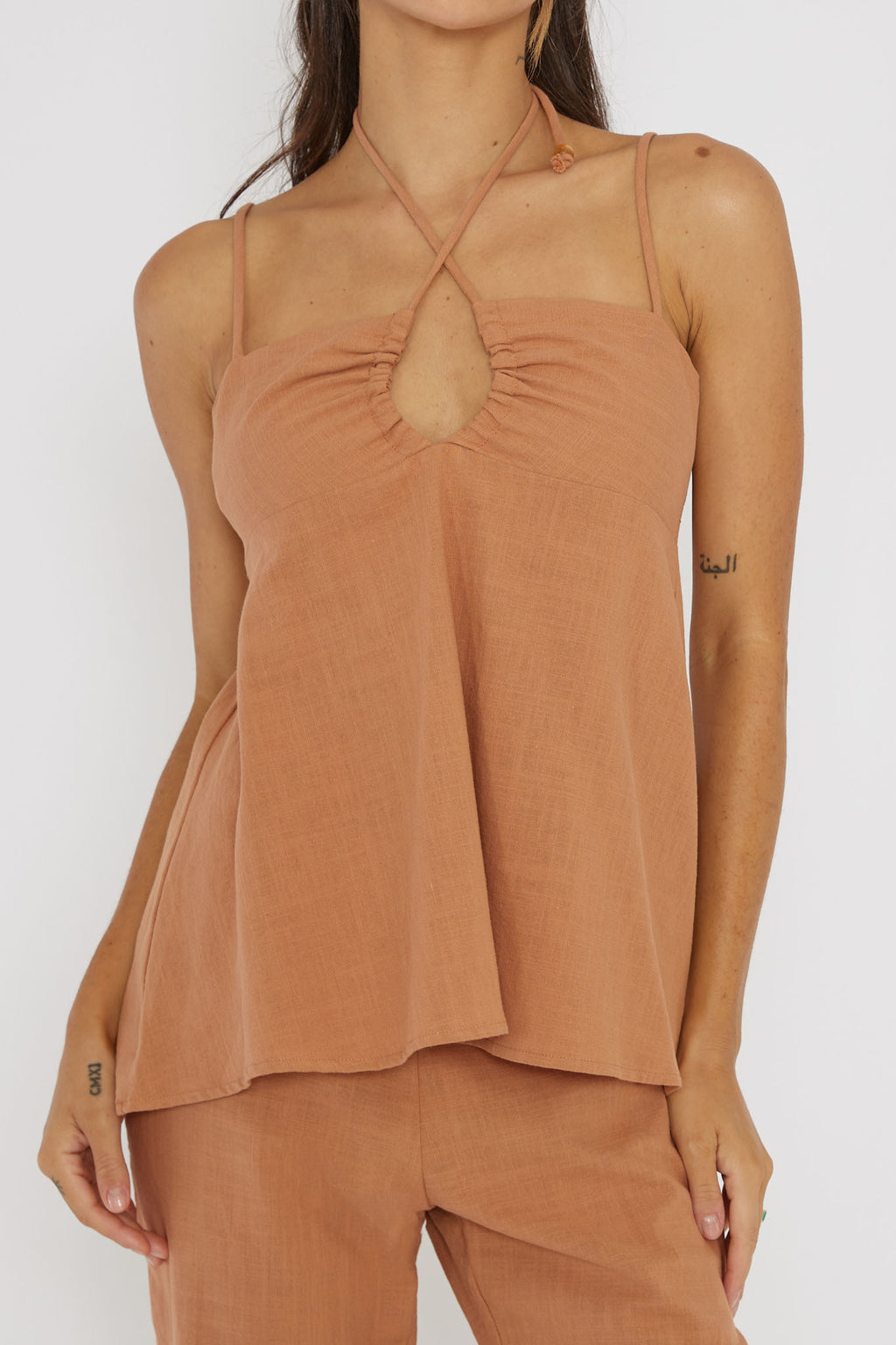 Freestyle Neck Tie Top Sand by Selfie Leslie