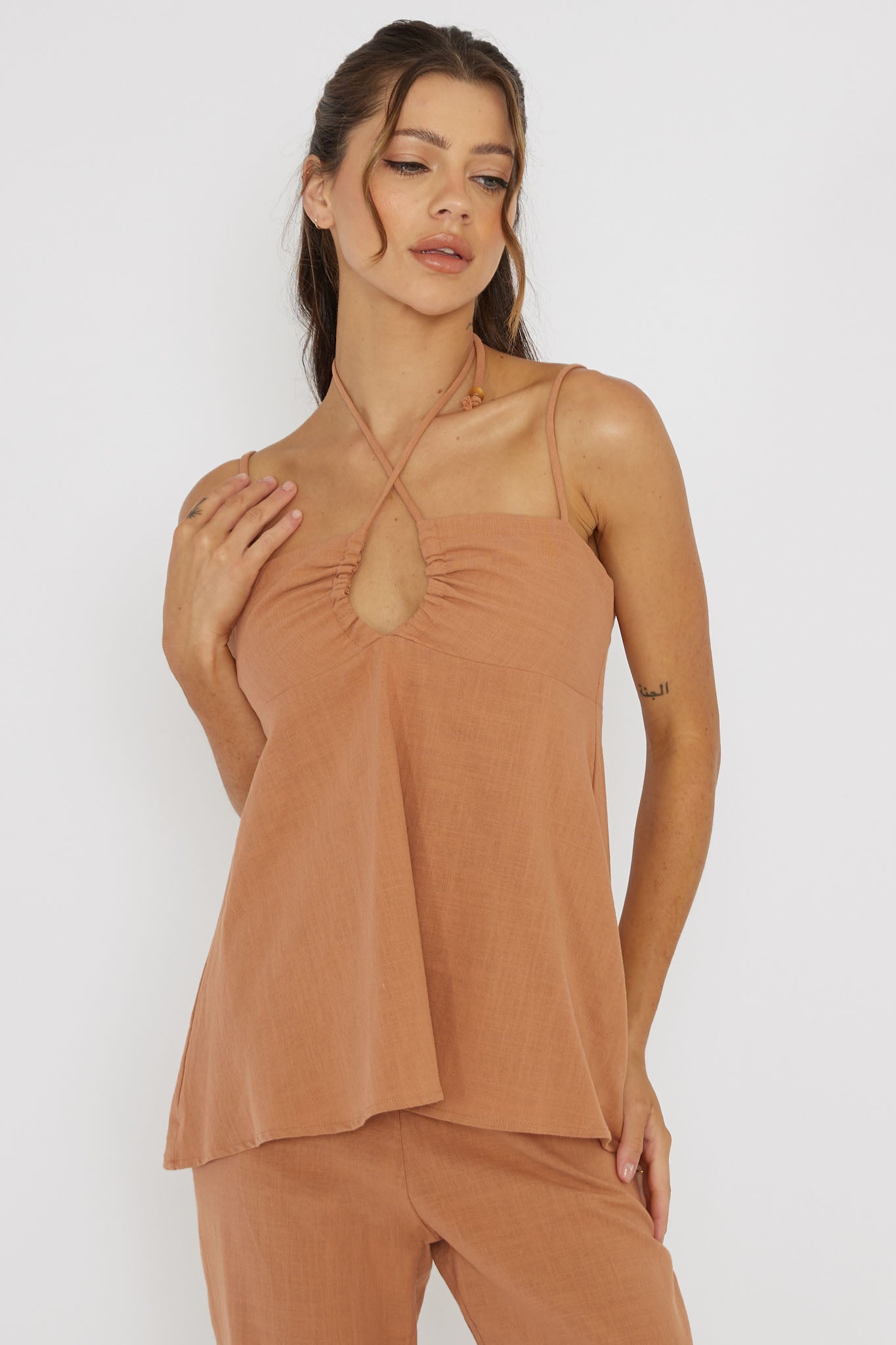 Freestyle Neck Tie Top Sand by Selfie Leslie